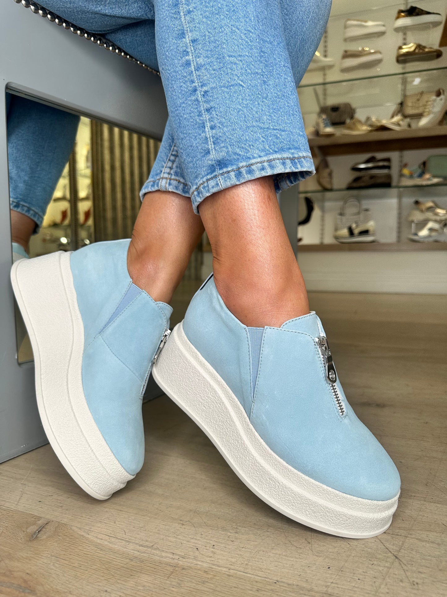 Marco Moreo - Sky Blue Suede Chunky Sole Shoe With Silver Zip