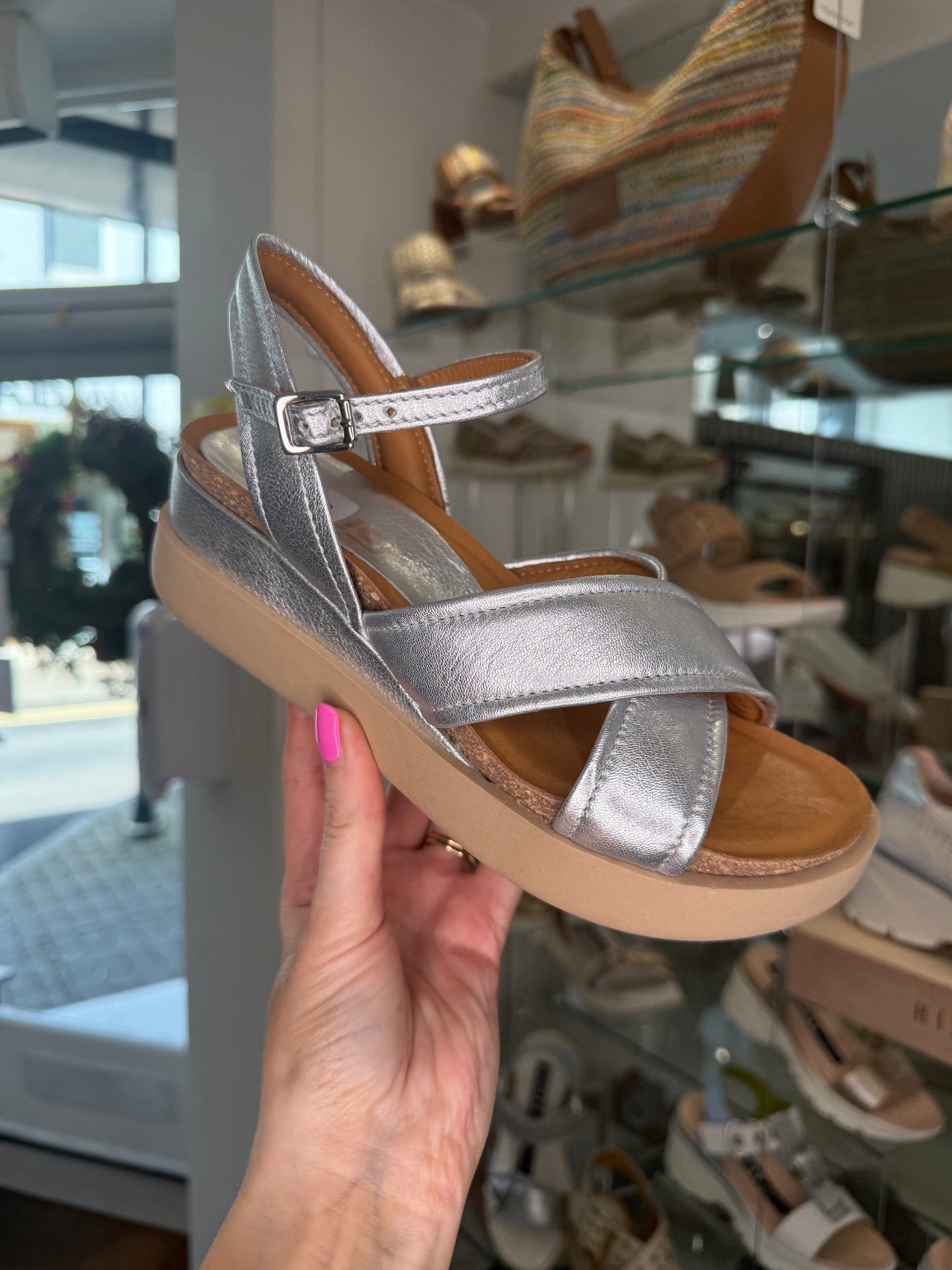 Mjus - Metallic Silver Leather Criss-Cross Flatform Sandals