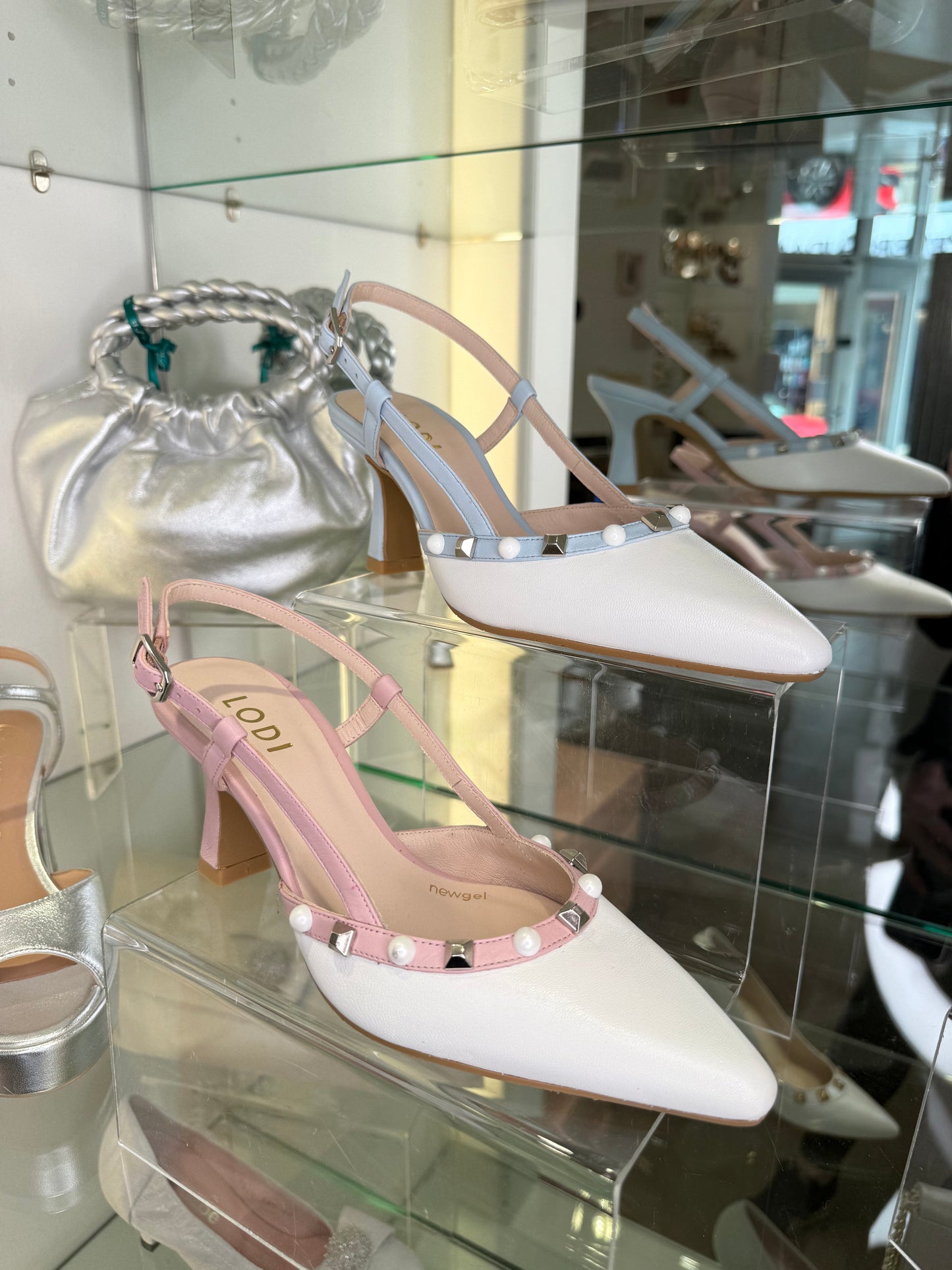 Lodi - White/ Pink Slingback Court Shoe With Pearl & Silver Stud Trim