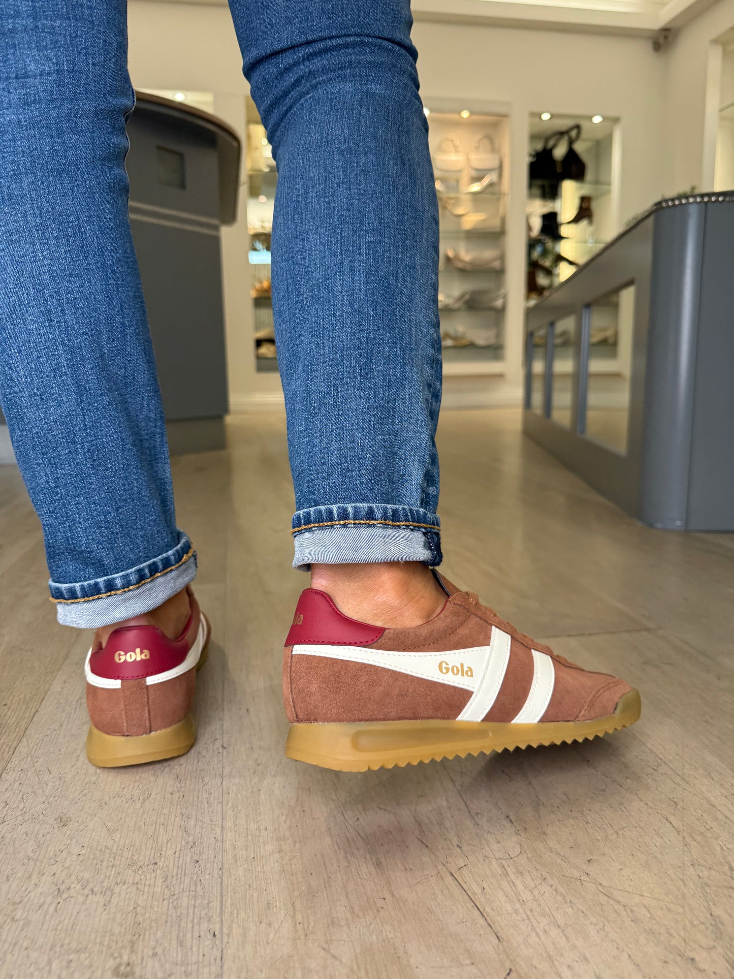 Gola -Torpedo Chestnut Suede Trainer With White & Red Trim