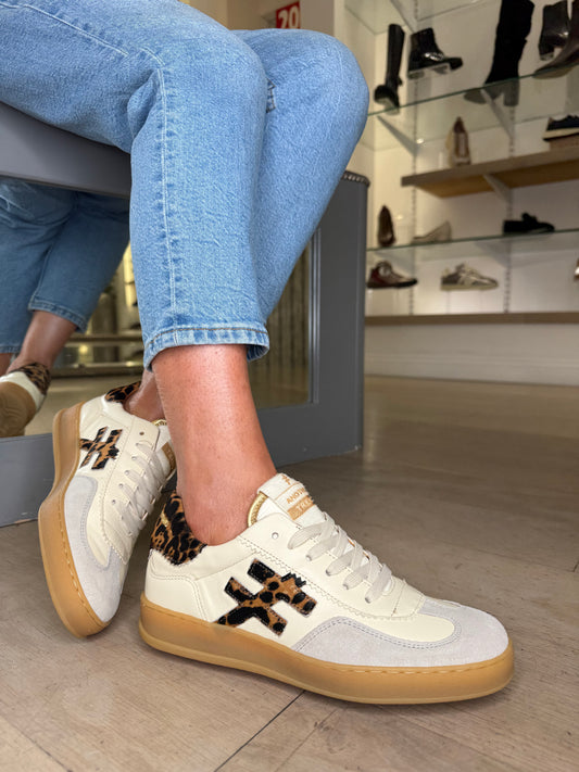 Another Trend - Stone Suede & Rich Cream Leather Trainer With Leopard Print Trim