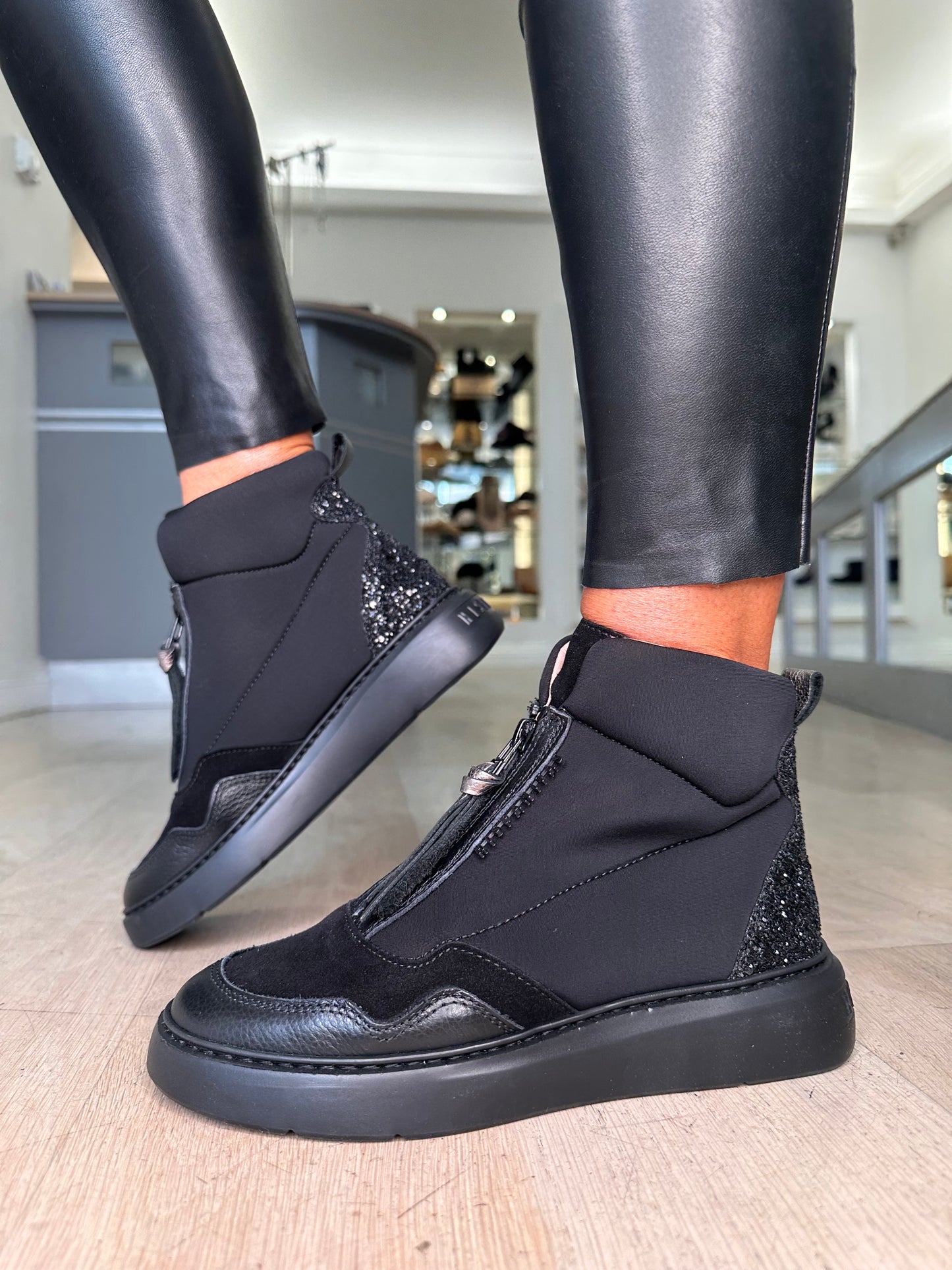 Hispanitas - Black Fabric/Suede Glitter Trim Sporty Boot