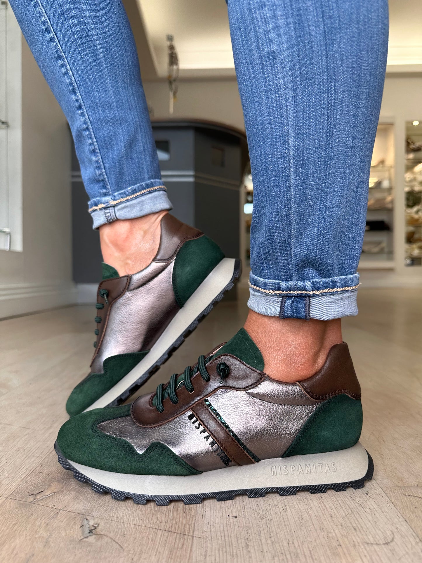 Hispanitas -Forest Green Suede Mix Pull On Trainer