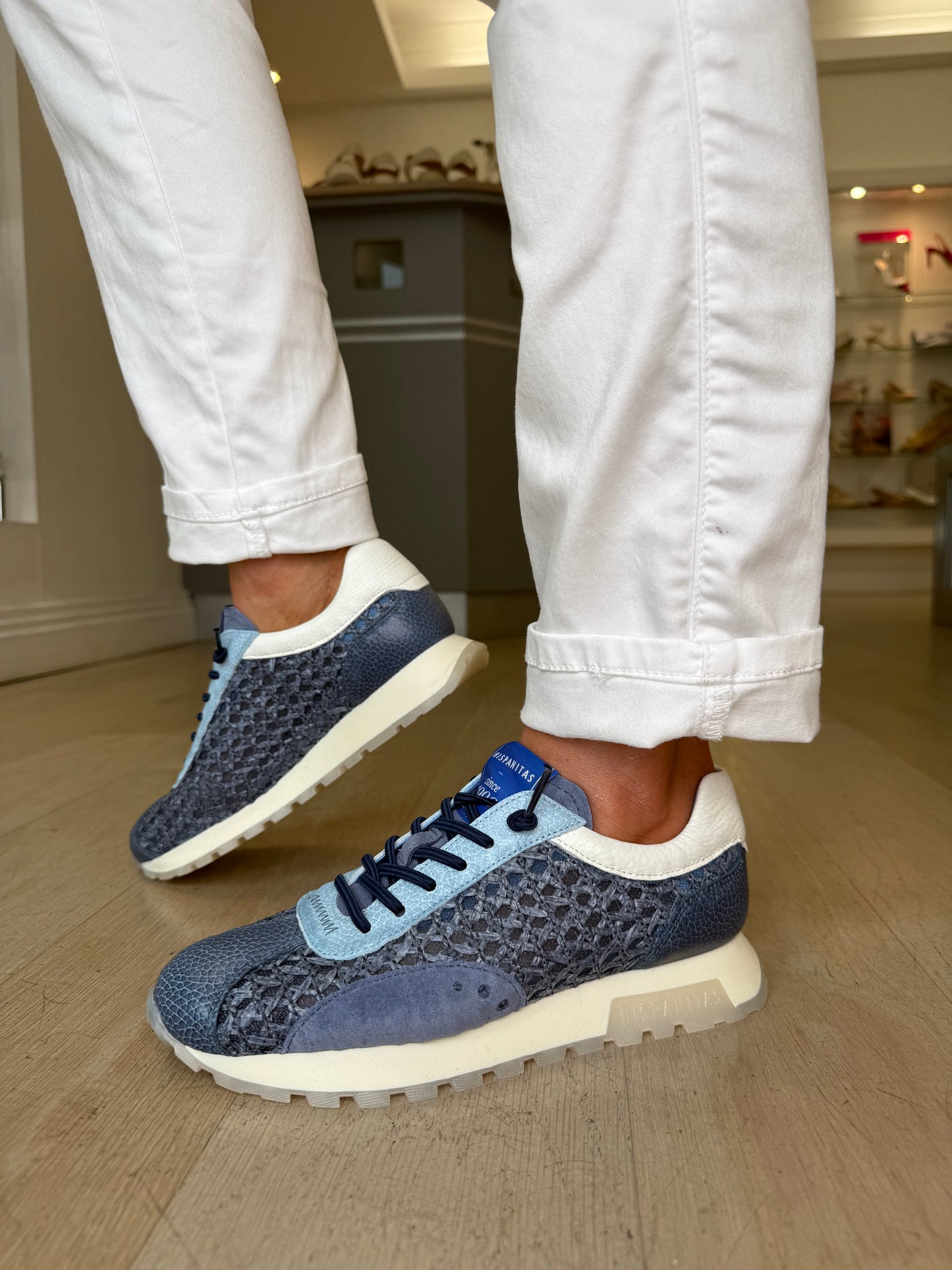 Hispanitas - Blue Weave/ Leather Mix Pull On Trainer With White Trim