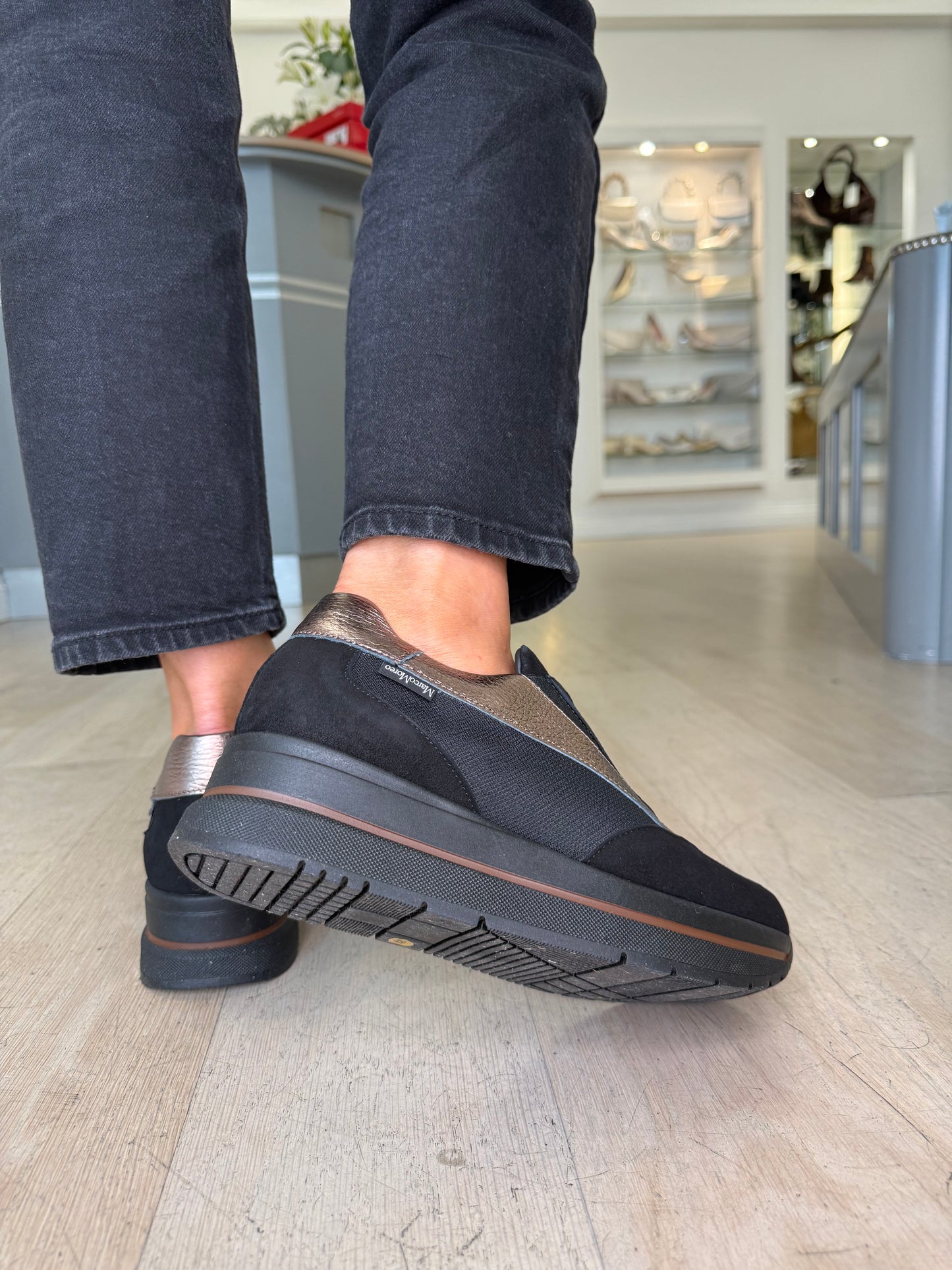 Marco Moreo - Gilda Black Suede & Fabric Mix Zip Up Shoe With Bronze Metallic Trim