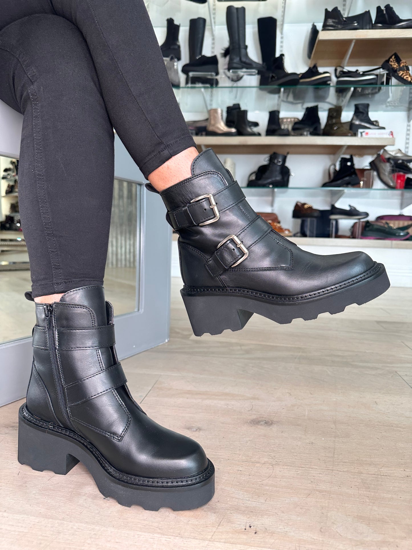 Alpe - Black Nappa Leather 2 Strap Chunky Boot