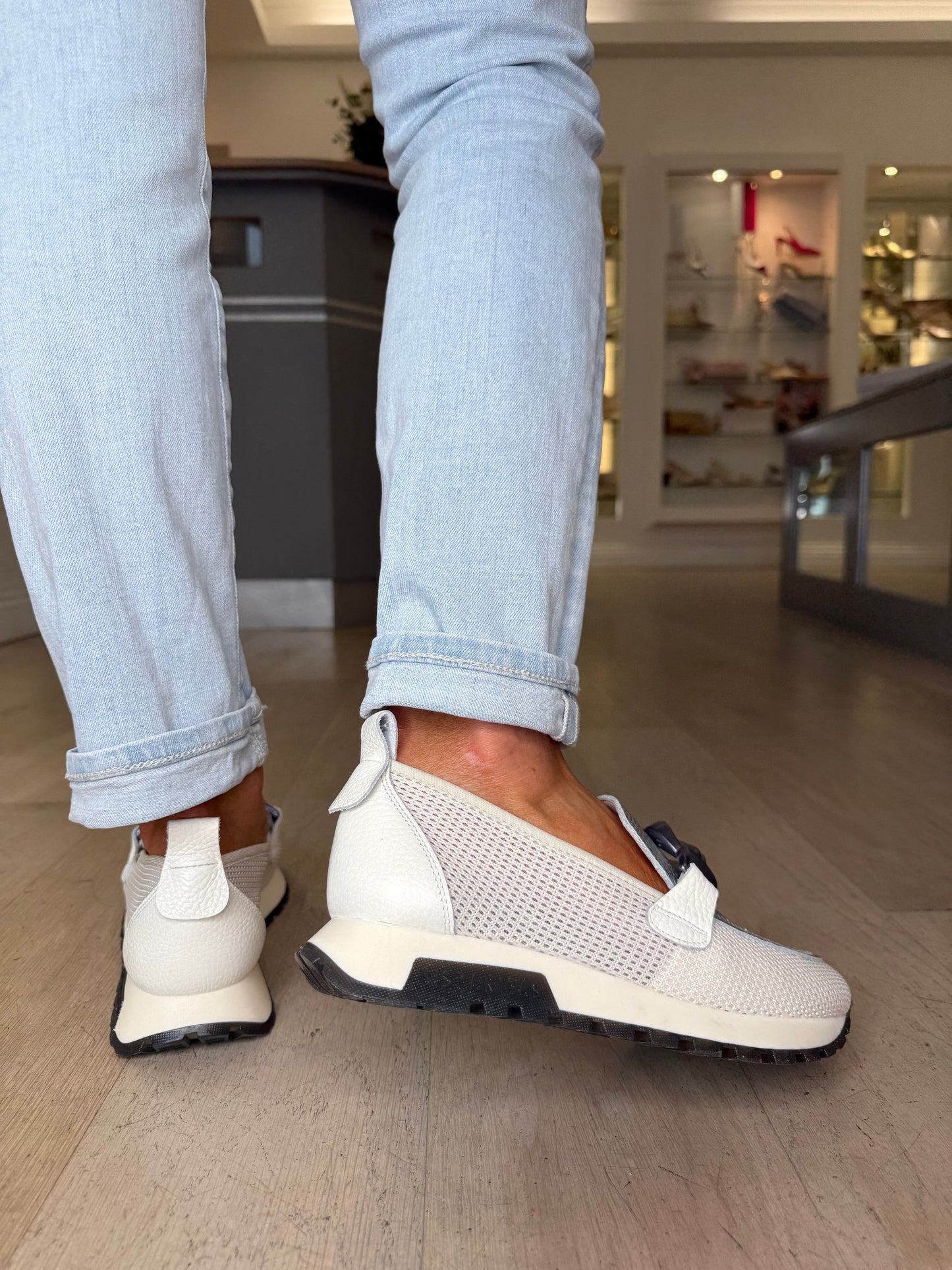 Hispanitas -Cream Mesh Slip On Sporty Shoe With Metallic Silver Inset & Chrome Trim