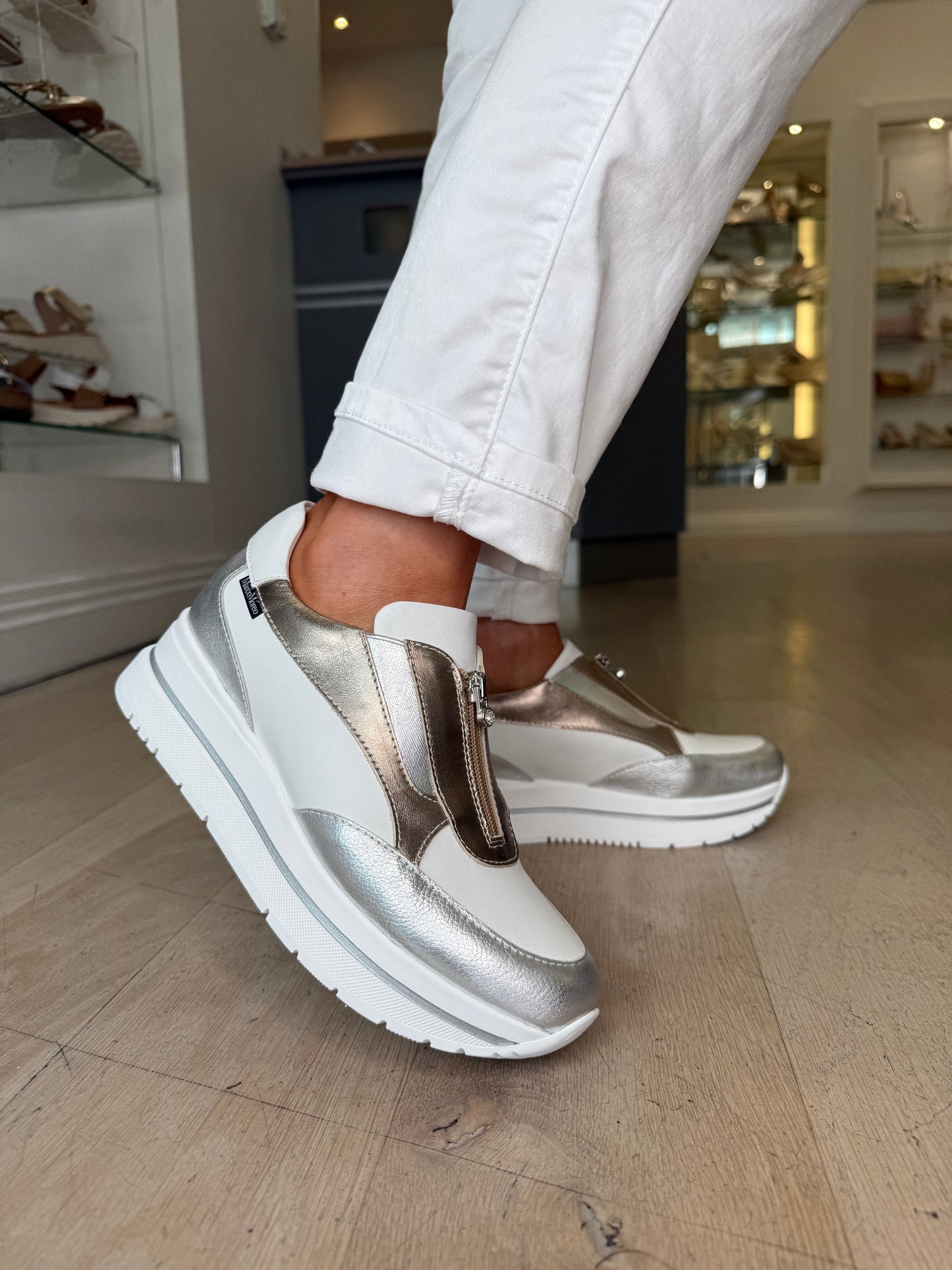 Marco Moreo - White Metallic Multi Zip Up Wedge Shoe