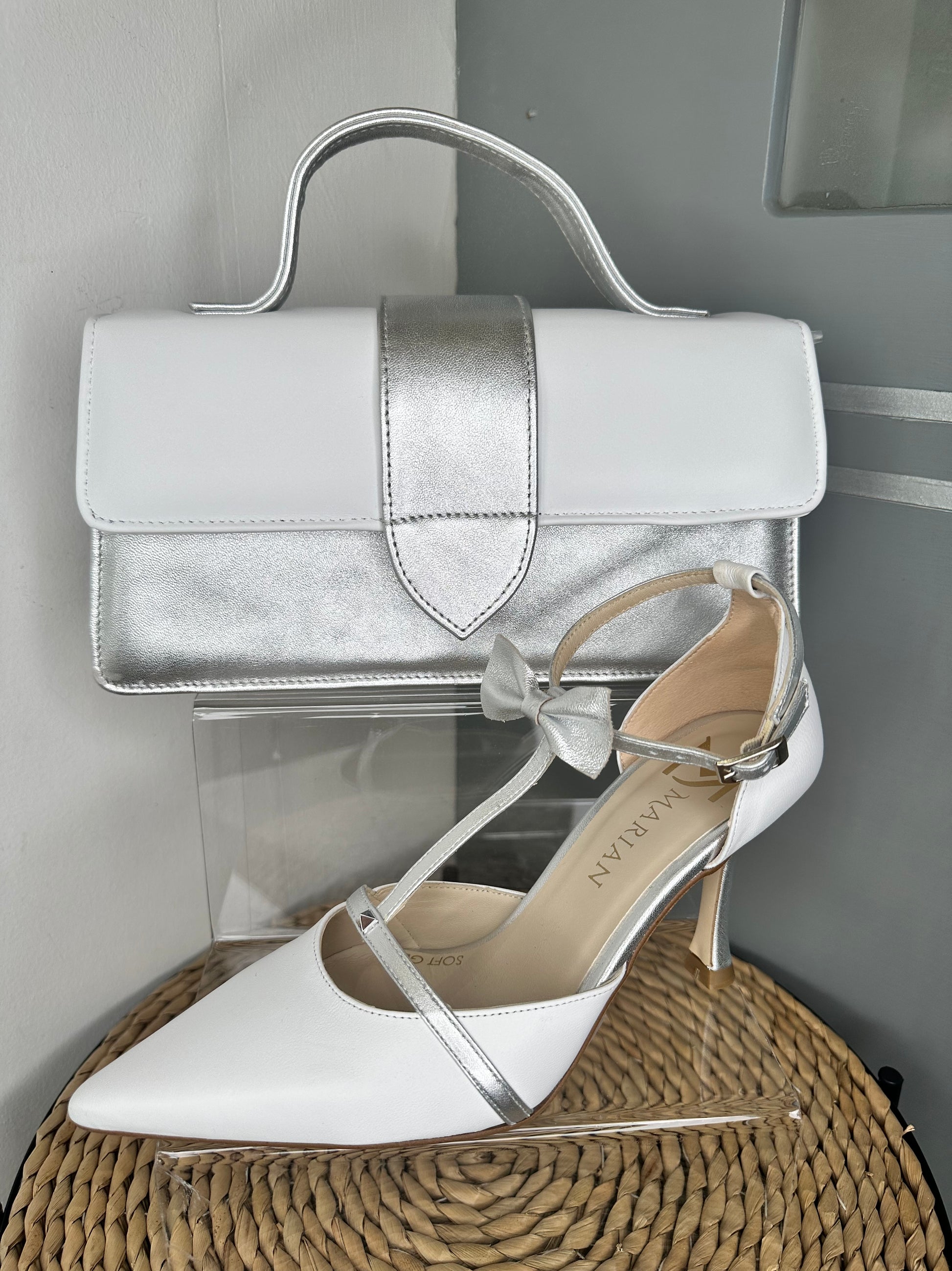 Marian White/Silver T-Bar Pointy Toe Shoe With Bow Detail