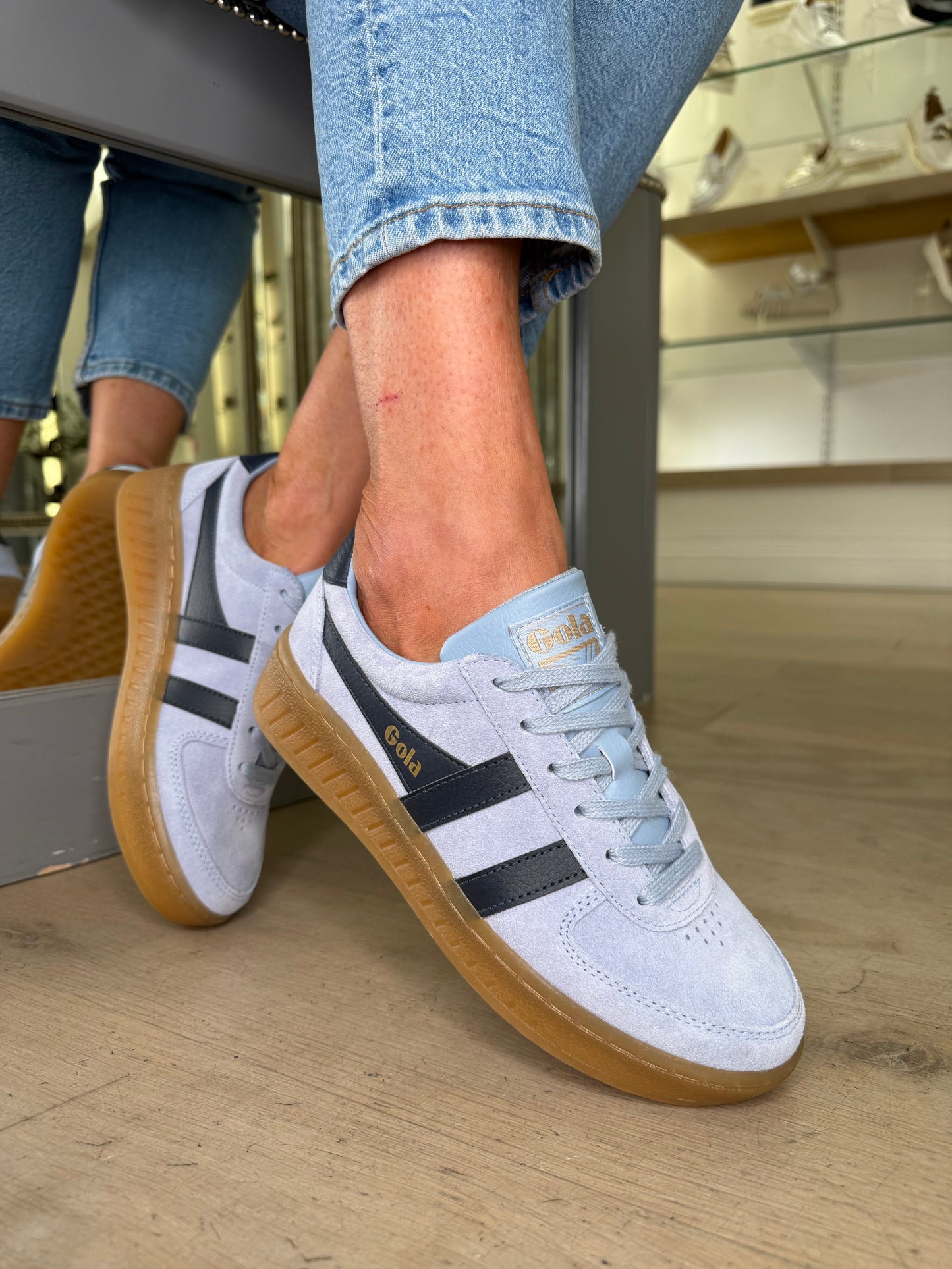 Gola - Grandslam Sky Blue Suede Trainer With Dark Navy Trim