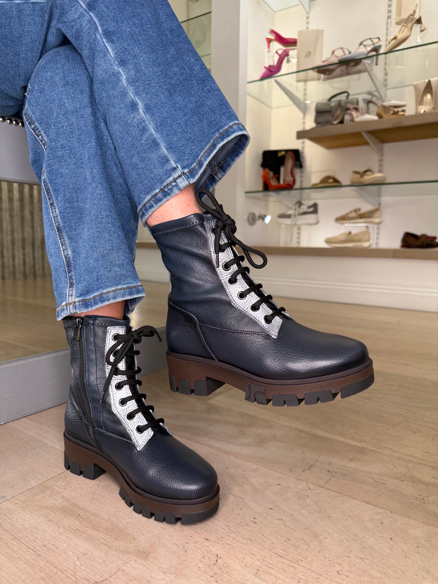 Jose Saenz -Dark Navy Leather Chunky Sole Lace Up Boot With Metallic Silver Trim