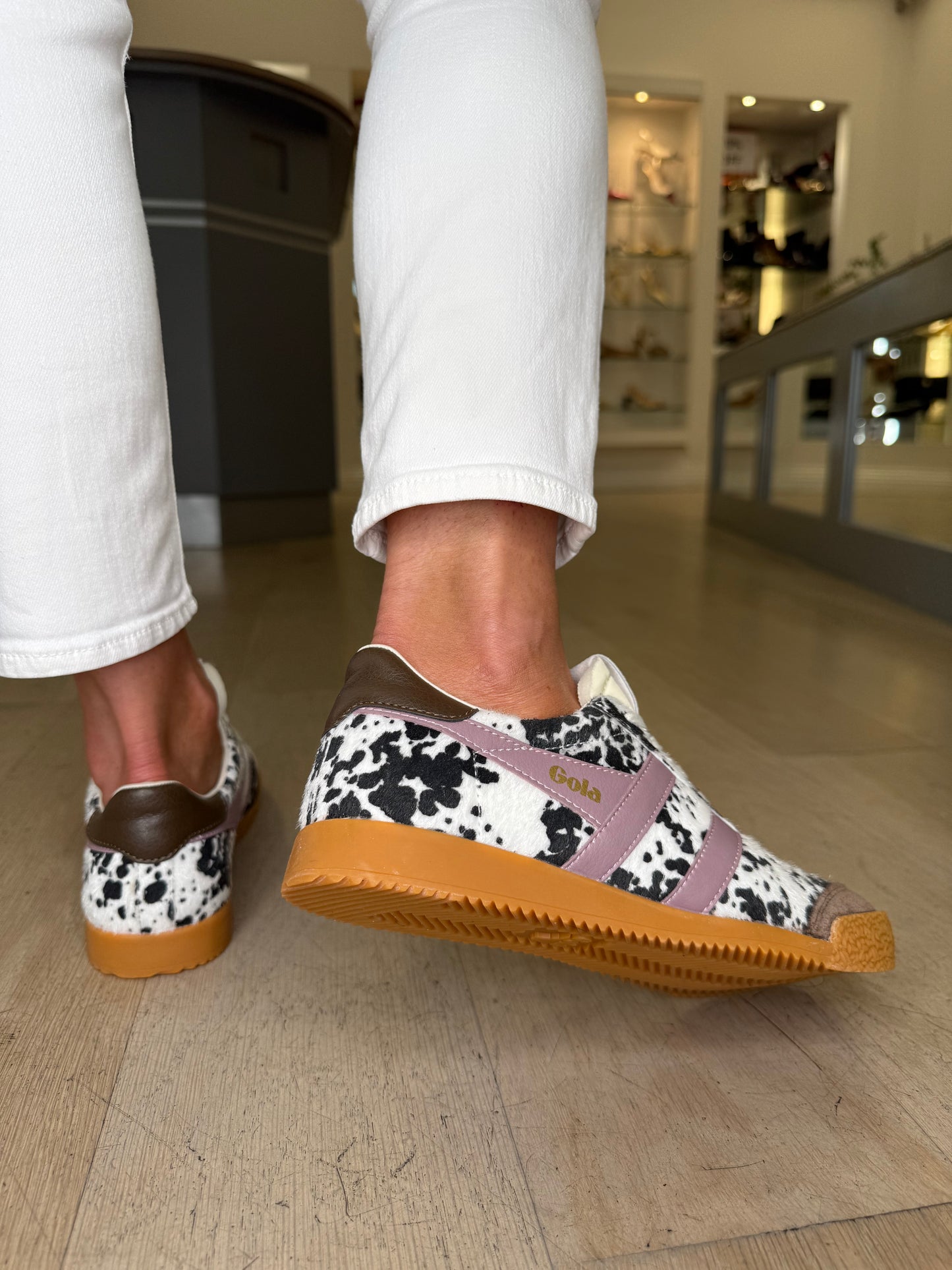 Gola - Elan Dalmation Print Trainer With Brown Suede & Dark Lavender Trim