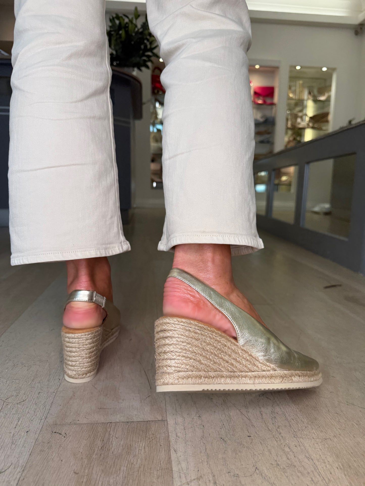 Unisa- Soft Gold Leather Pointy Toe Sling Back Espadrille Wedge