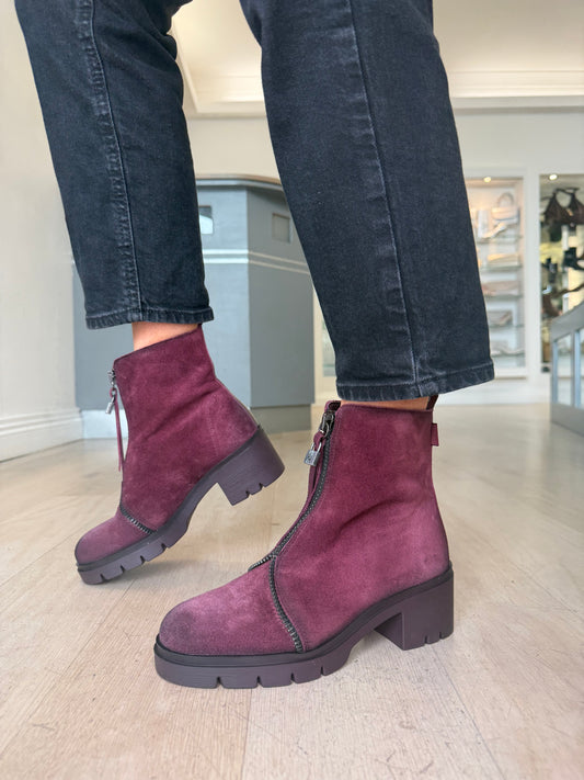 Hispanitas - Burgundy Distressed Suede Chunky Sole Boot With Zip Detail Trim