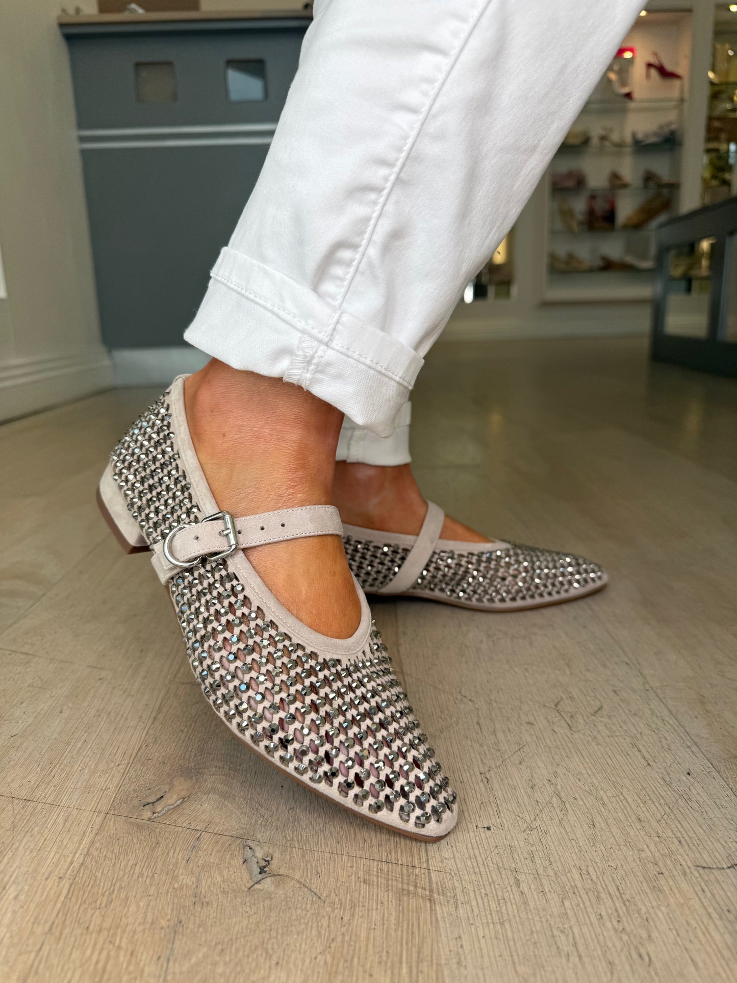 Pedro Anton (By Marian) - Soft Mink Suede Pointy Toe Diamante Mary Jane Pomp Shoe