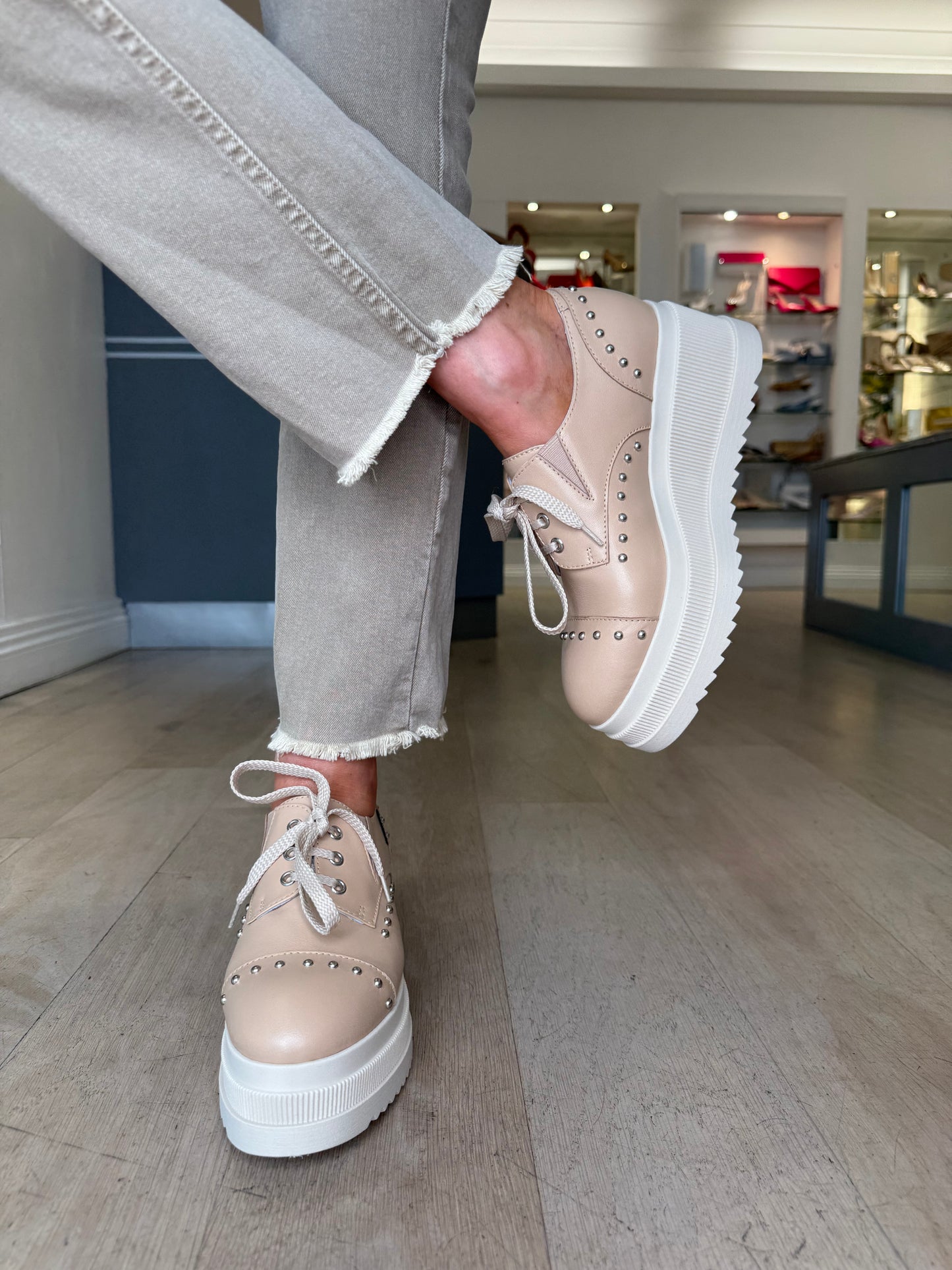 Marco Moreo -Leslie Rich Camel Lace Up Chunky Sole Shoe With Silver Stud Trim