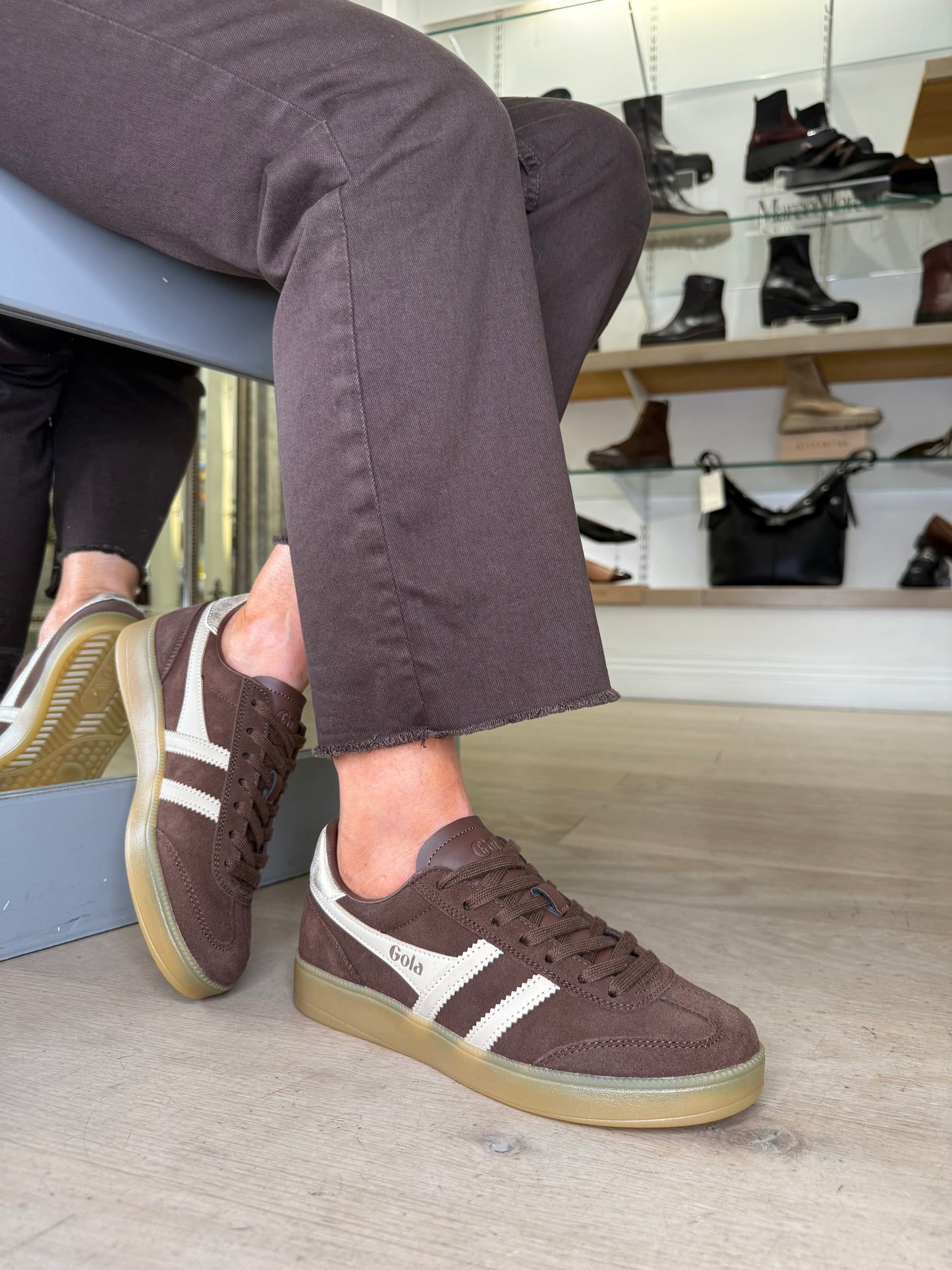 Gola -Viper Rich Brown Suede Trainer With Bone & Gold Coloured Trim