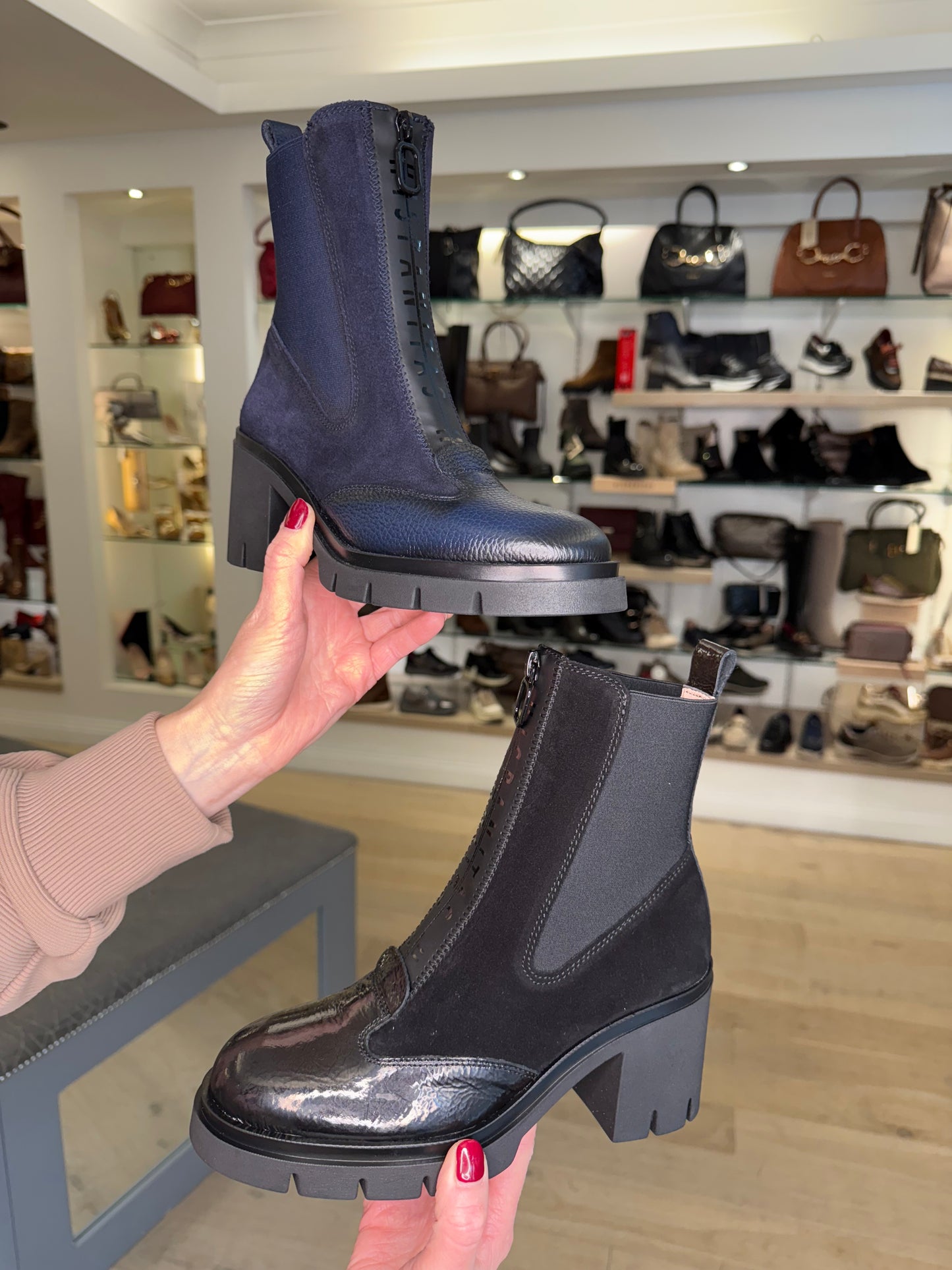 Hispanitas - Navy Suede & Leather Block Heel Boot With Platform Sole