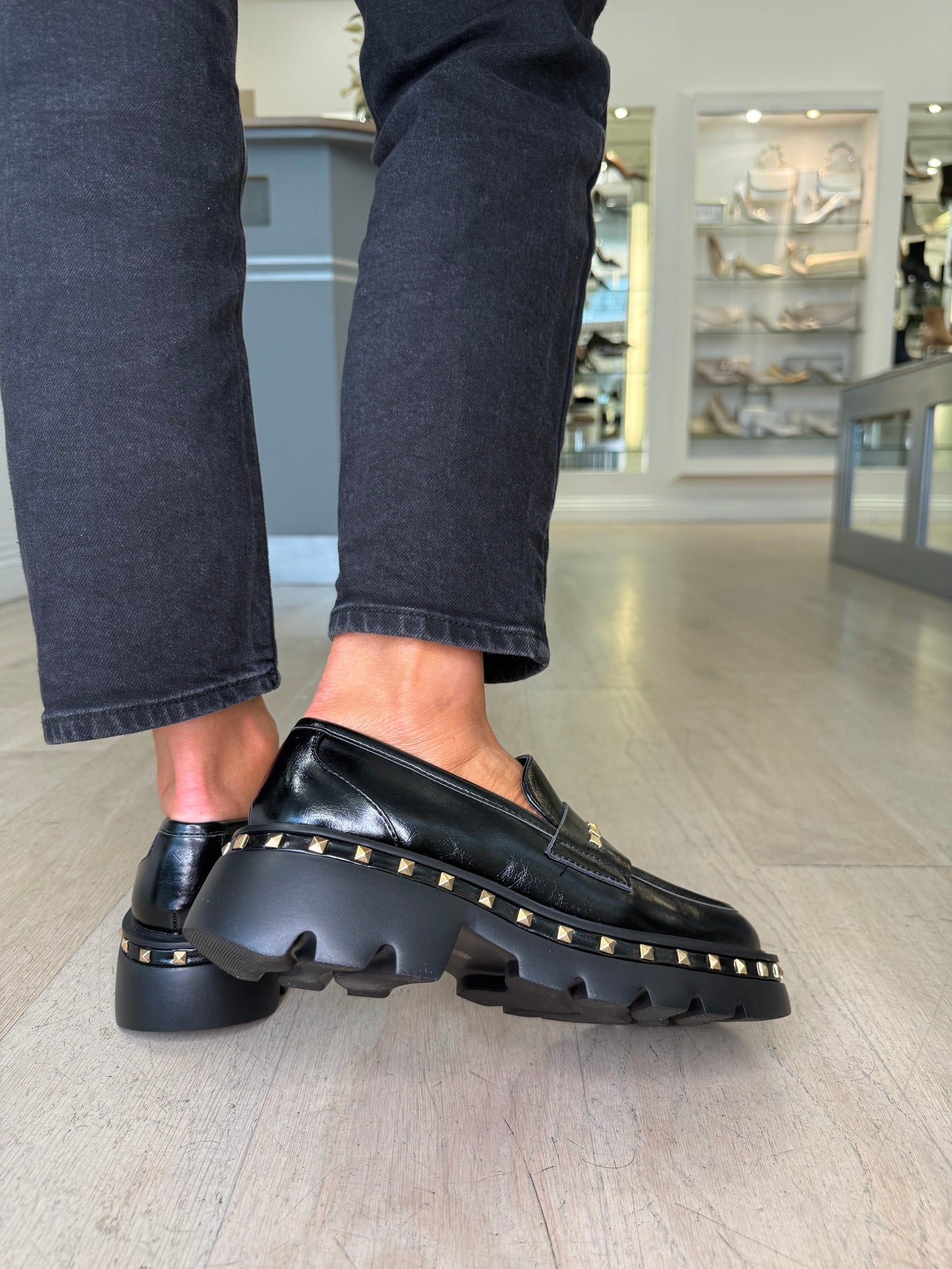 Lodi - Black Nappa Leather Chunky Sole Loafer With Gold Stud Trim Detail