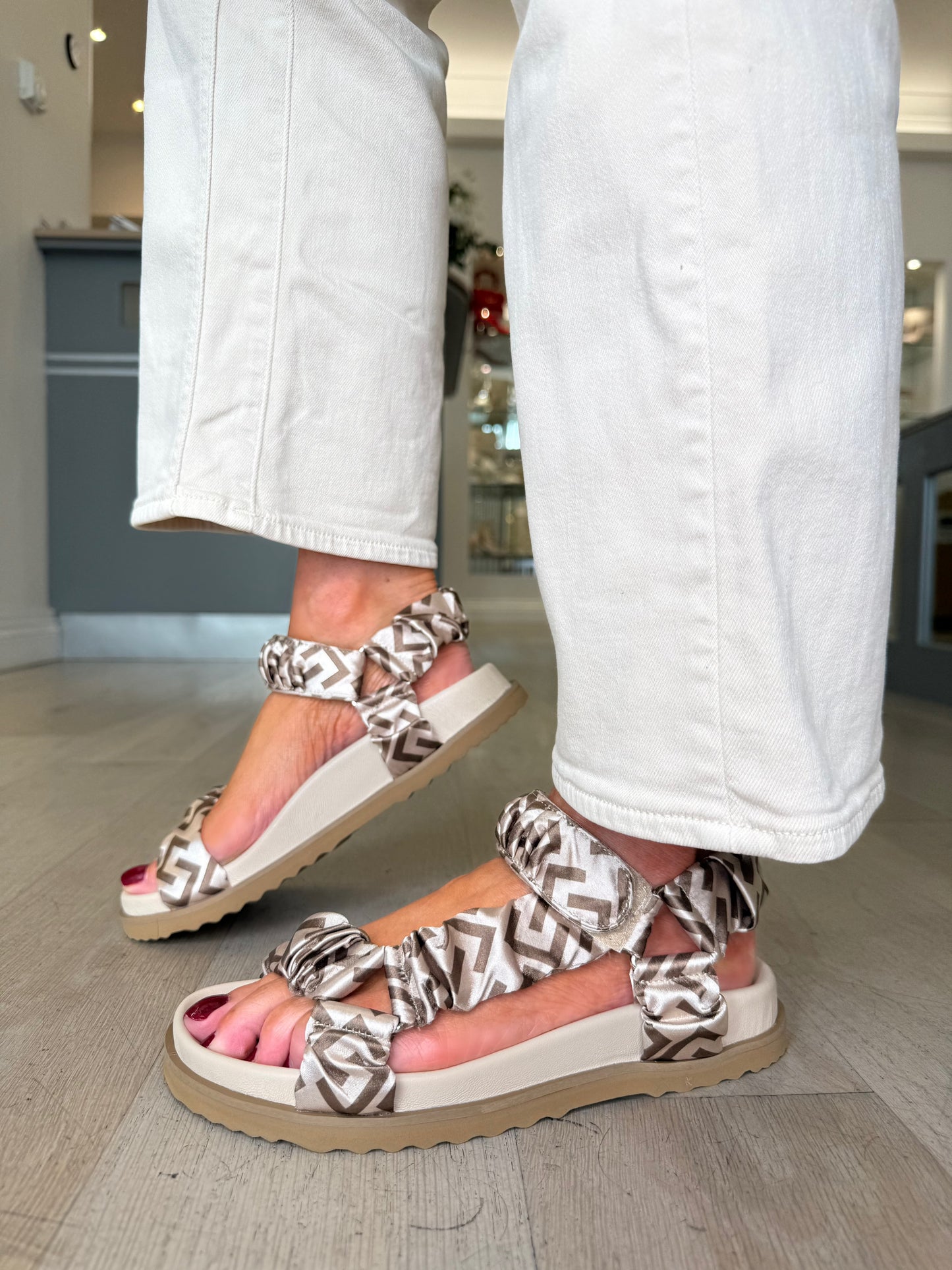 Repo - Cream/Brown Print Silk Ruched Sandal With Velcro Strap