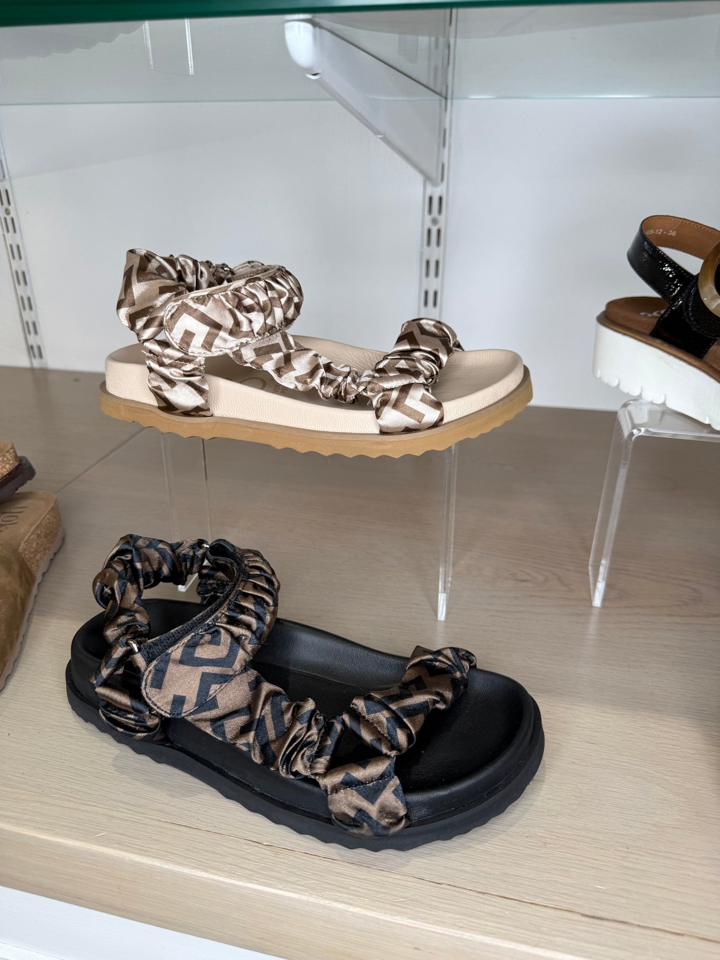 Repo - Cream/Brown Print Silk Ruched Sandal With Velcro Strap