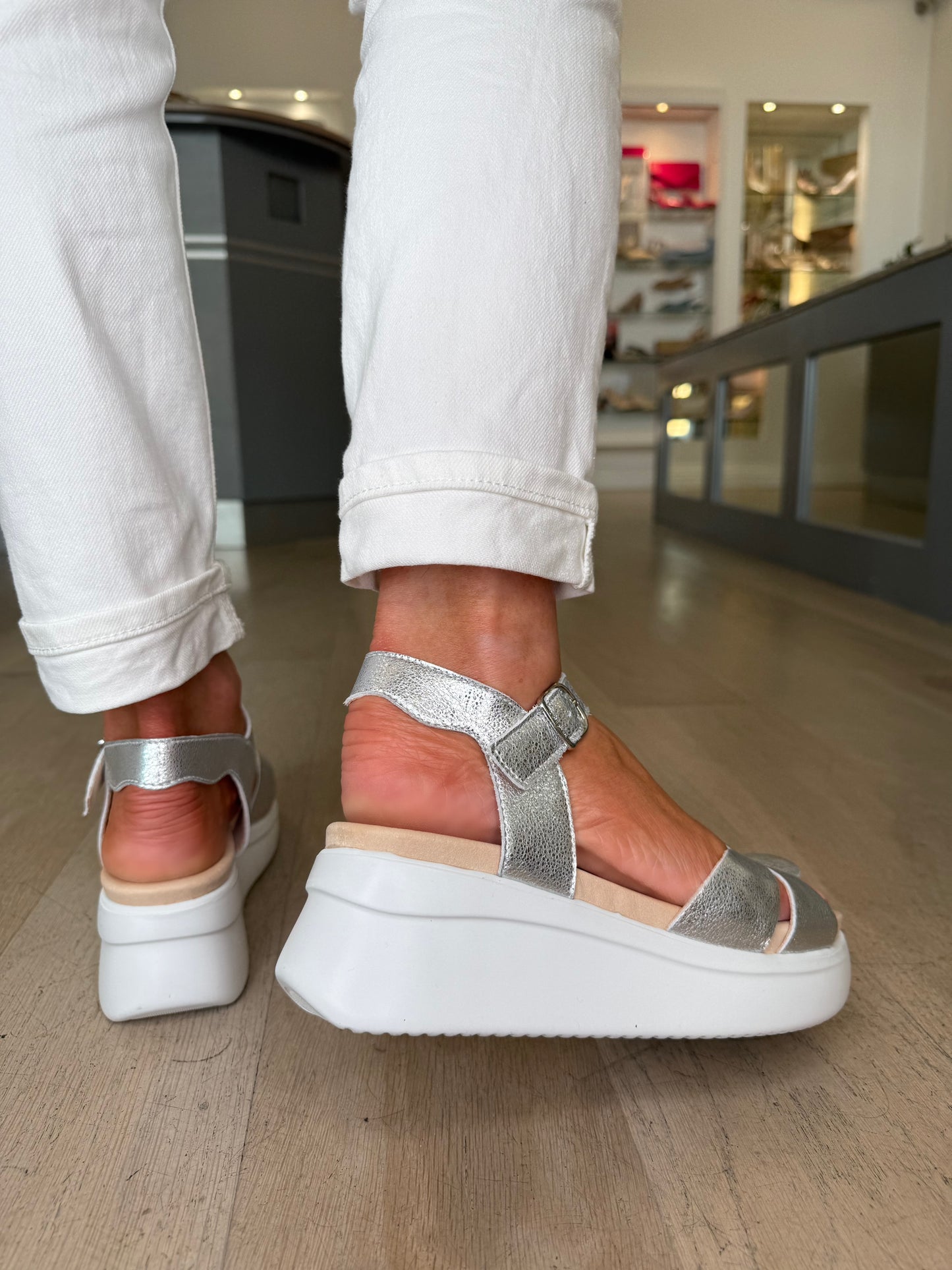 Callaghan -Soft Metallic Silver Scalloped Wedge Sandal