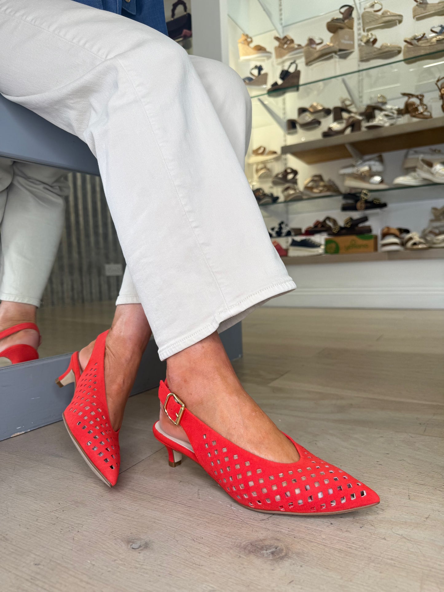 Marian - Red Suede Pointy Toe Perforated Slingback Shoe With Low Heel