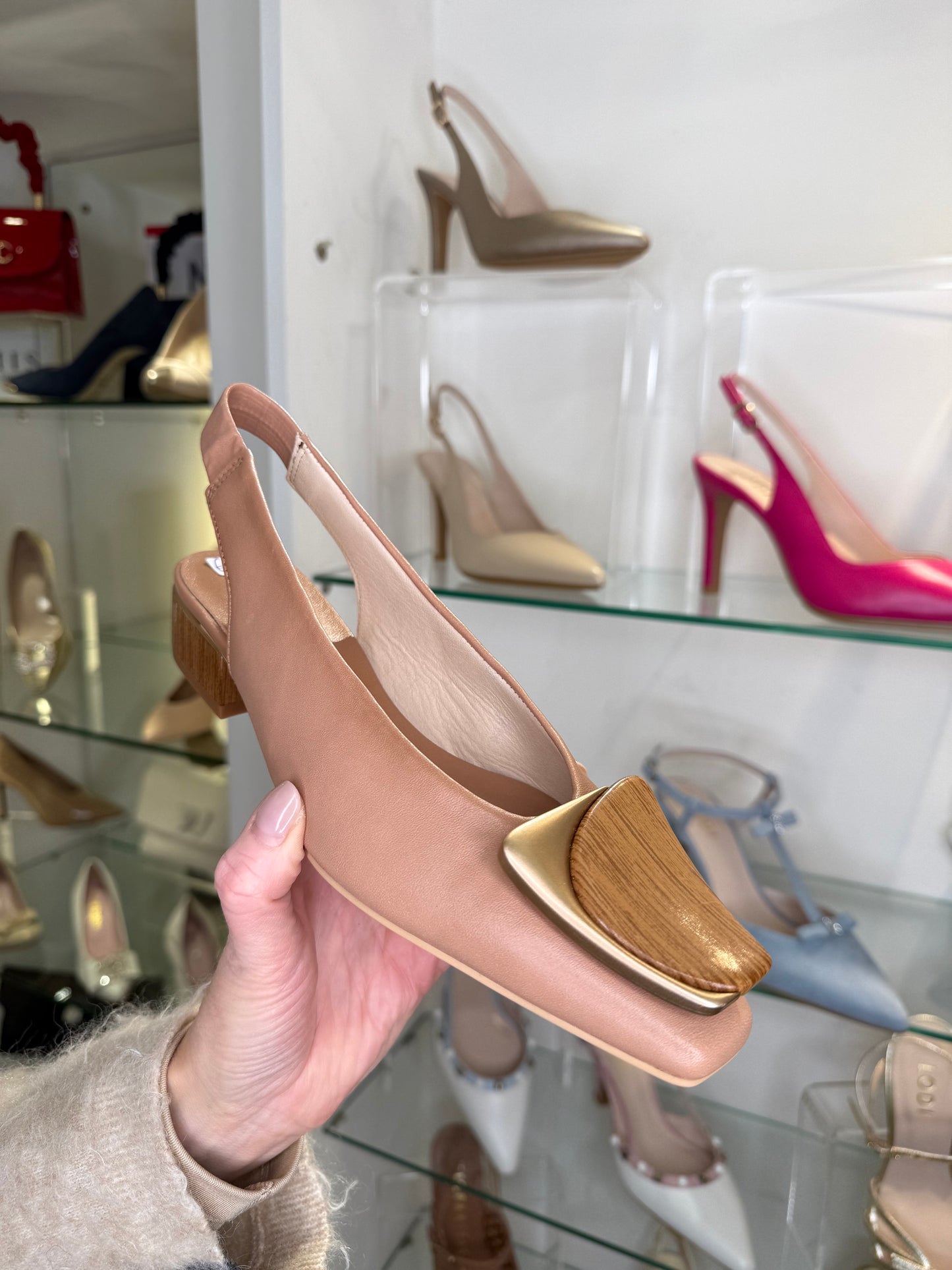 Hispanitas -Almond Tan Leather Slingback Shoe With Matt Gold Trim