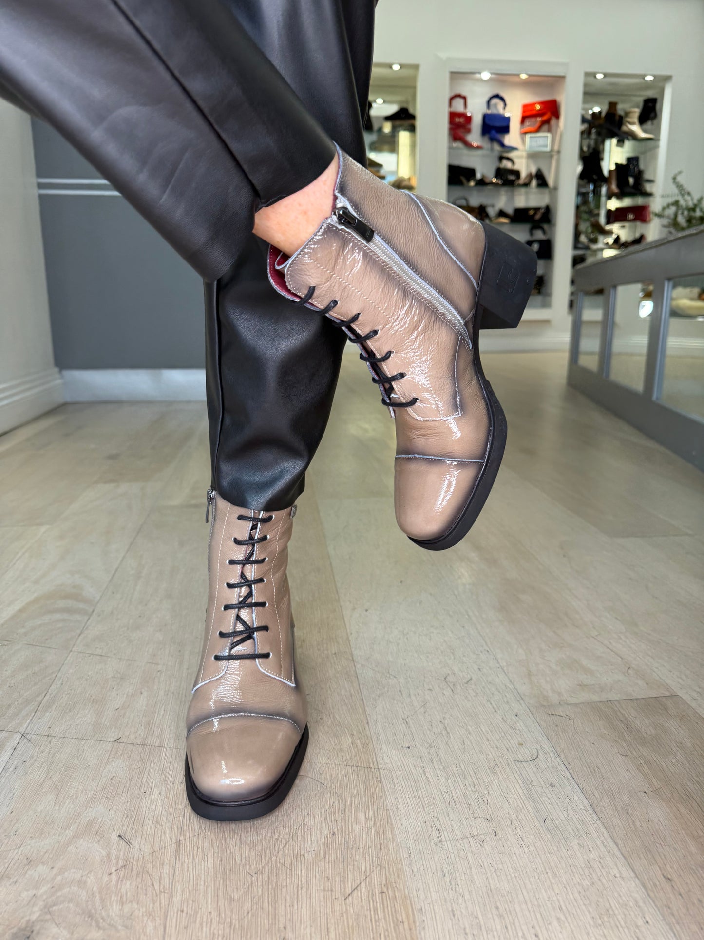 Jose Saenz - Beige/Taupe Flexy Patent Leather Lace Up Boot With Block Heel & Side Zip