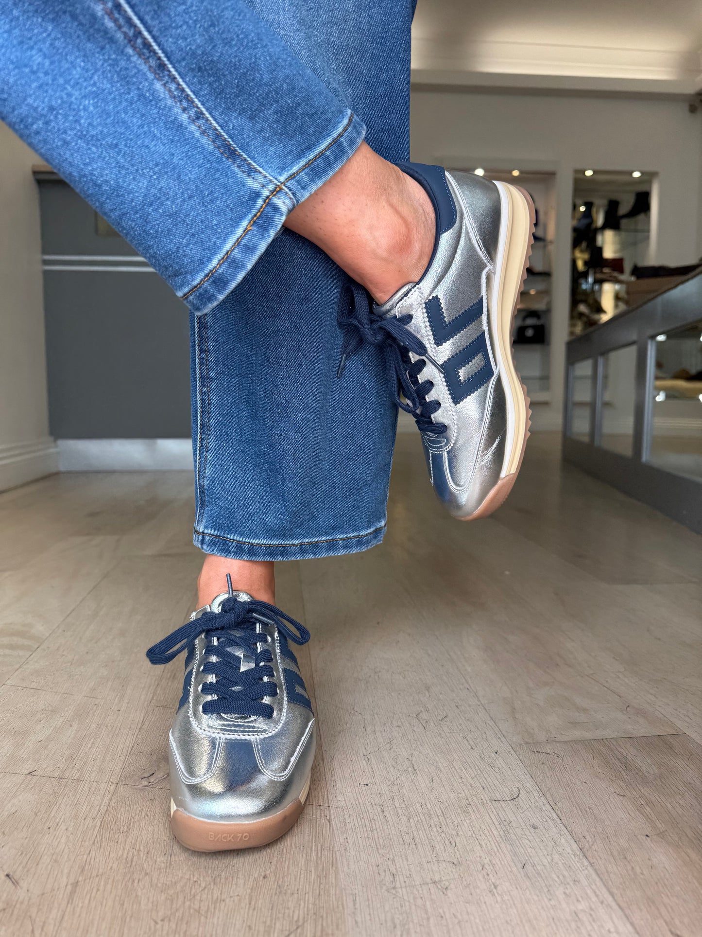 Back 70 - Metallic Silver Trainer With Navy Trim
