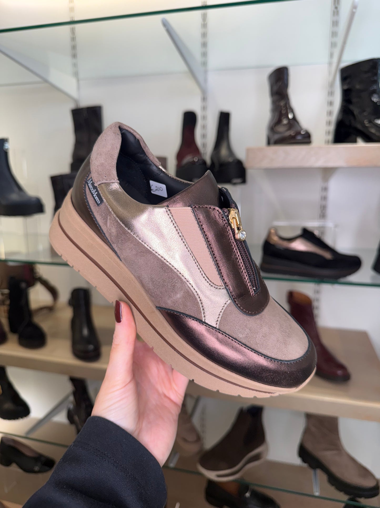 Marco Moreo - Gilda Metallic Leather & Taupe Suede Mix Zip Up Shoe With Gold Trim