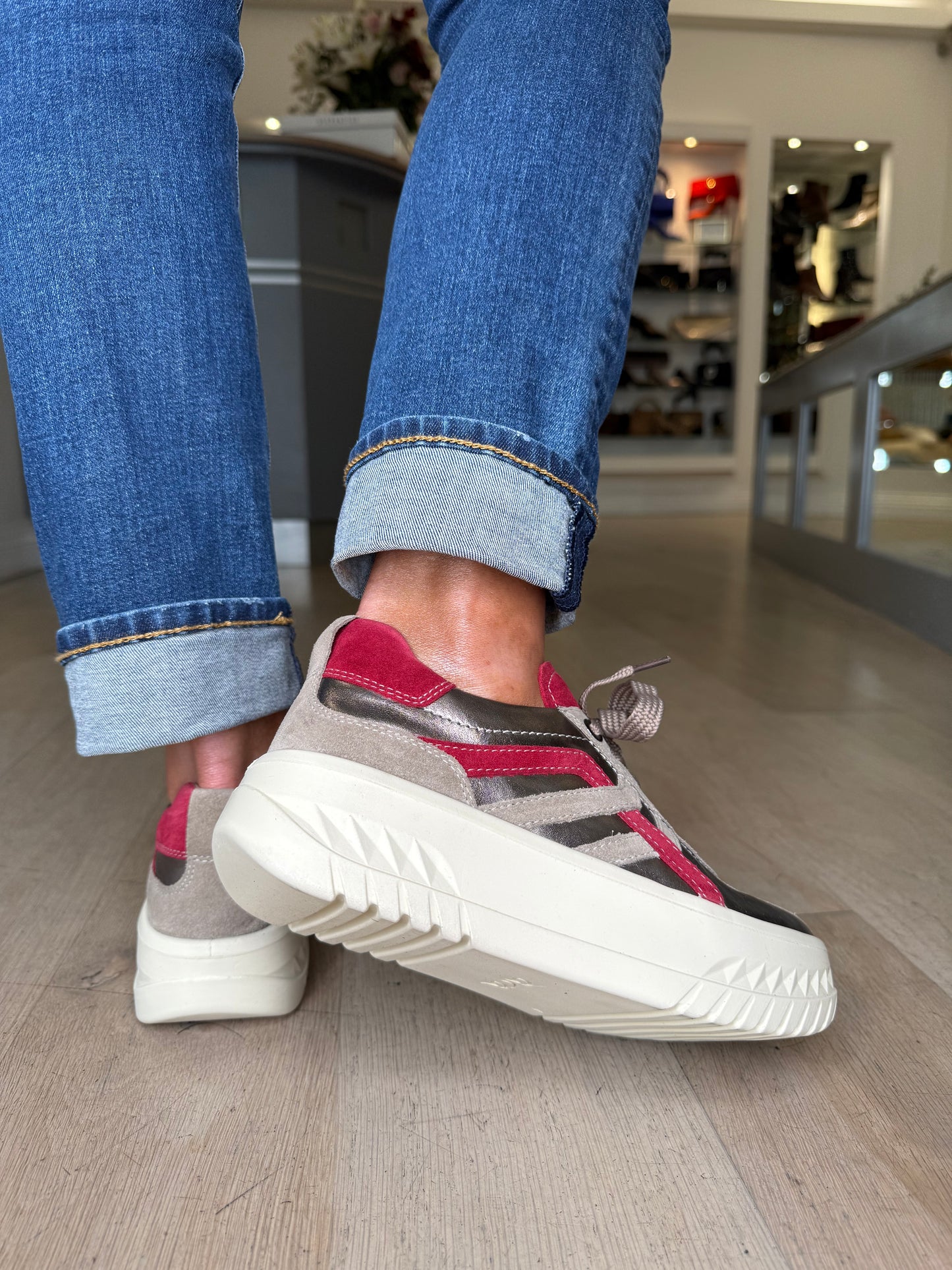 Ara - Soft Metallic Bronze/ Taupe & Red Suede Flatform Trainer