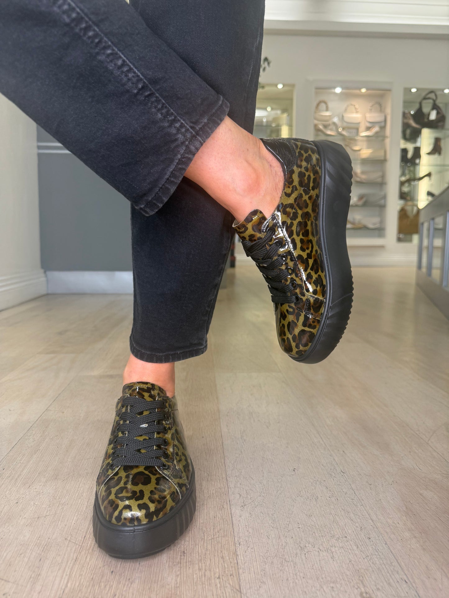 Ara - Monaco Green & Black Leopard Print Flatform Trainer
