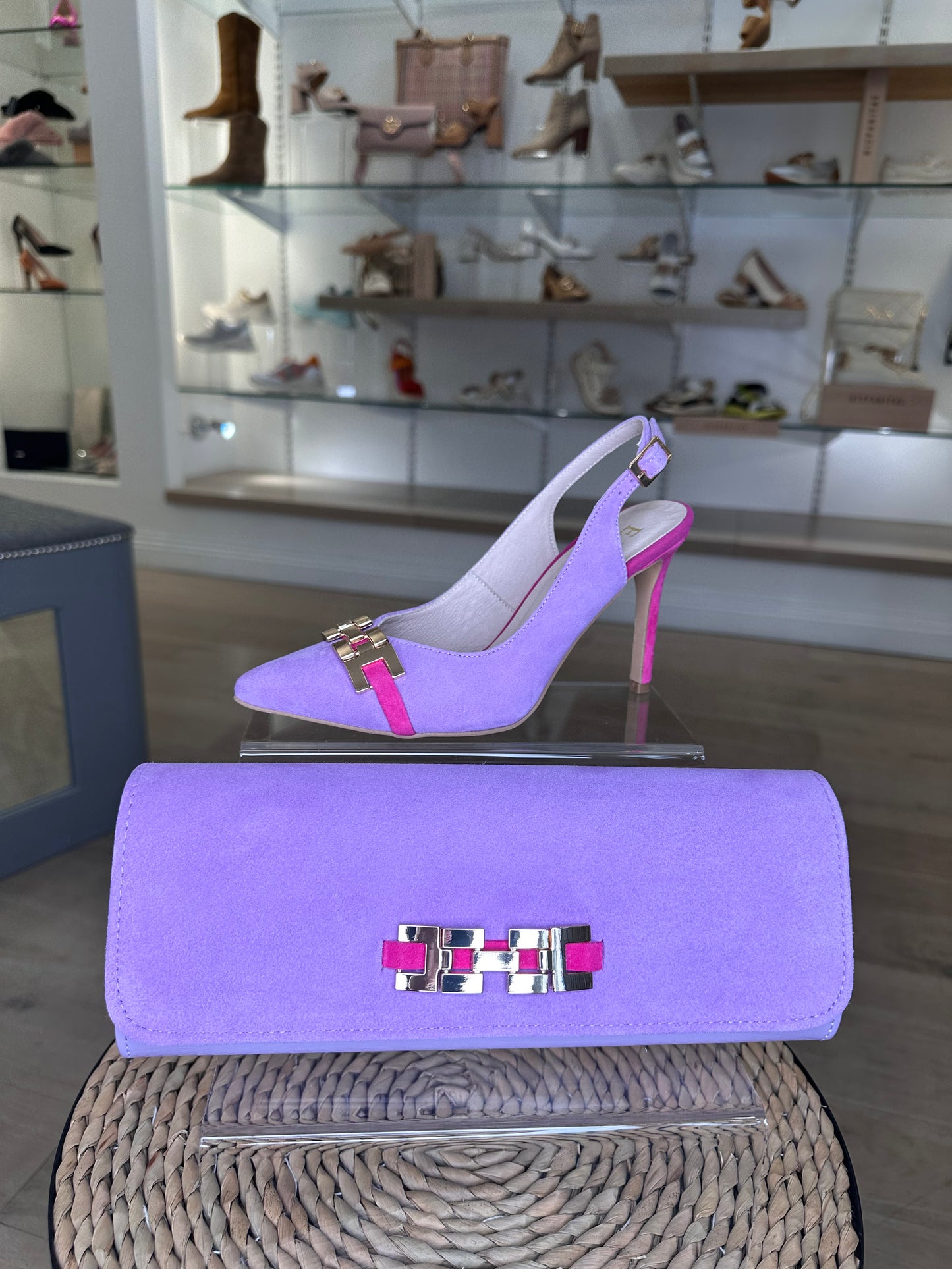 Emis -Lilac Suede Slingback Pointy Toe Court With Hot Pink Trim