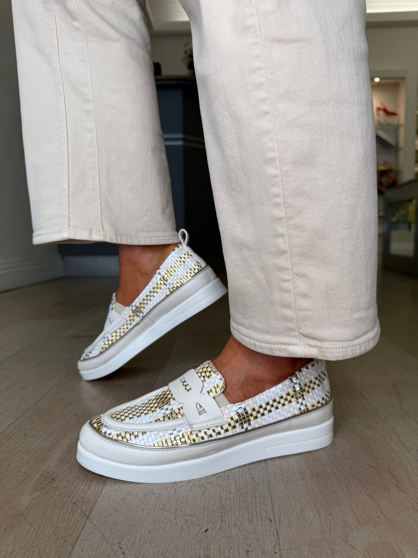 XSA - Cream, Gold And Silver Mix Woven Leather Slip On Loafer