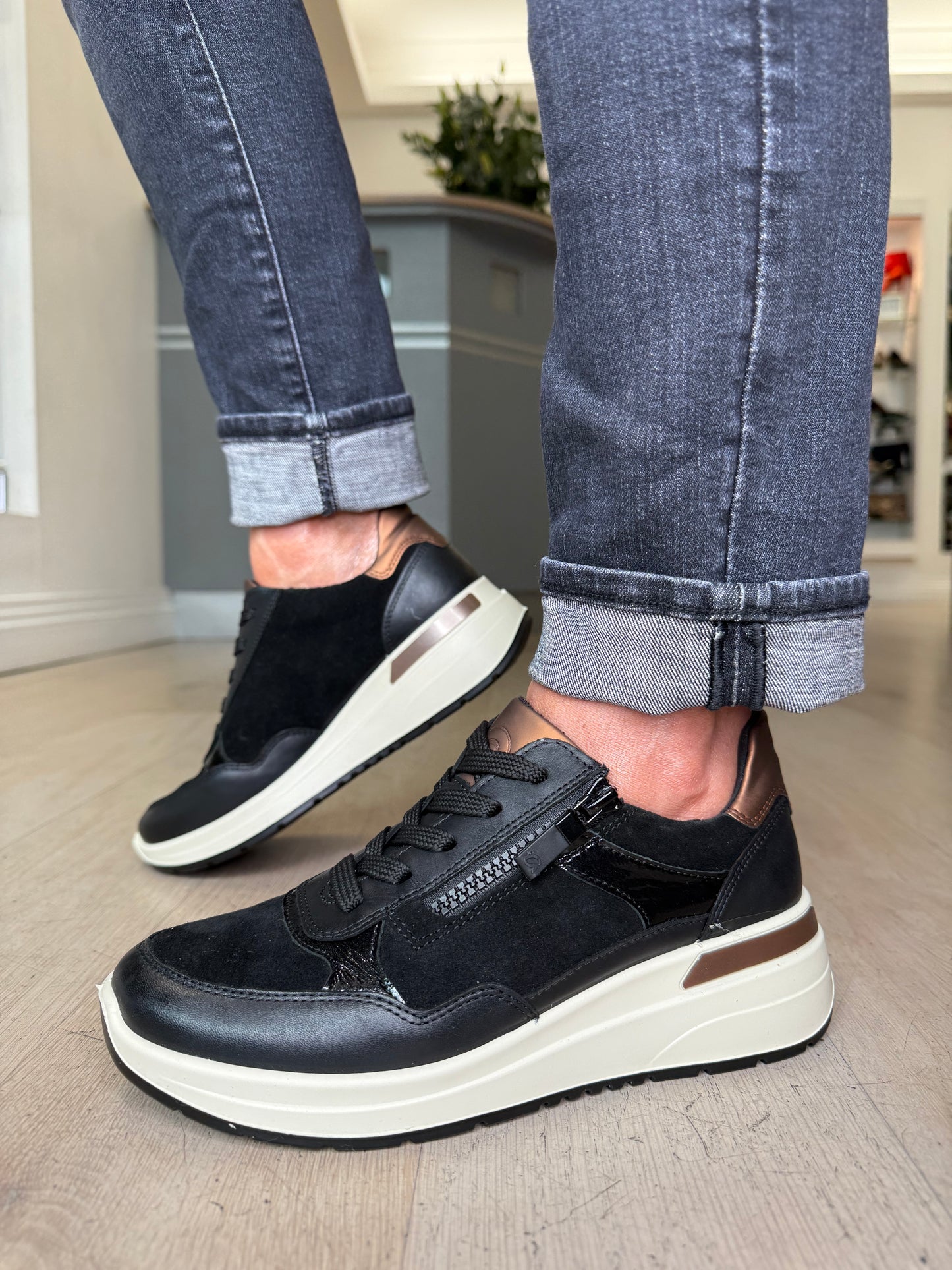 Ara - Black Suede / Leather Mix Lace Up Trainer With Side Zip