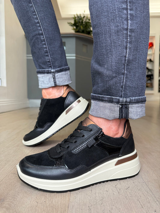 Ara - Black Suede / Leather Mix Lace Up Trainer With Side Zip