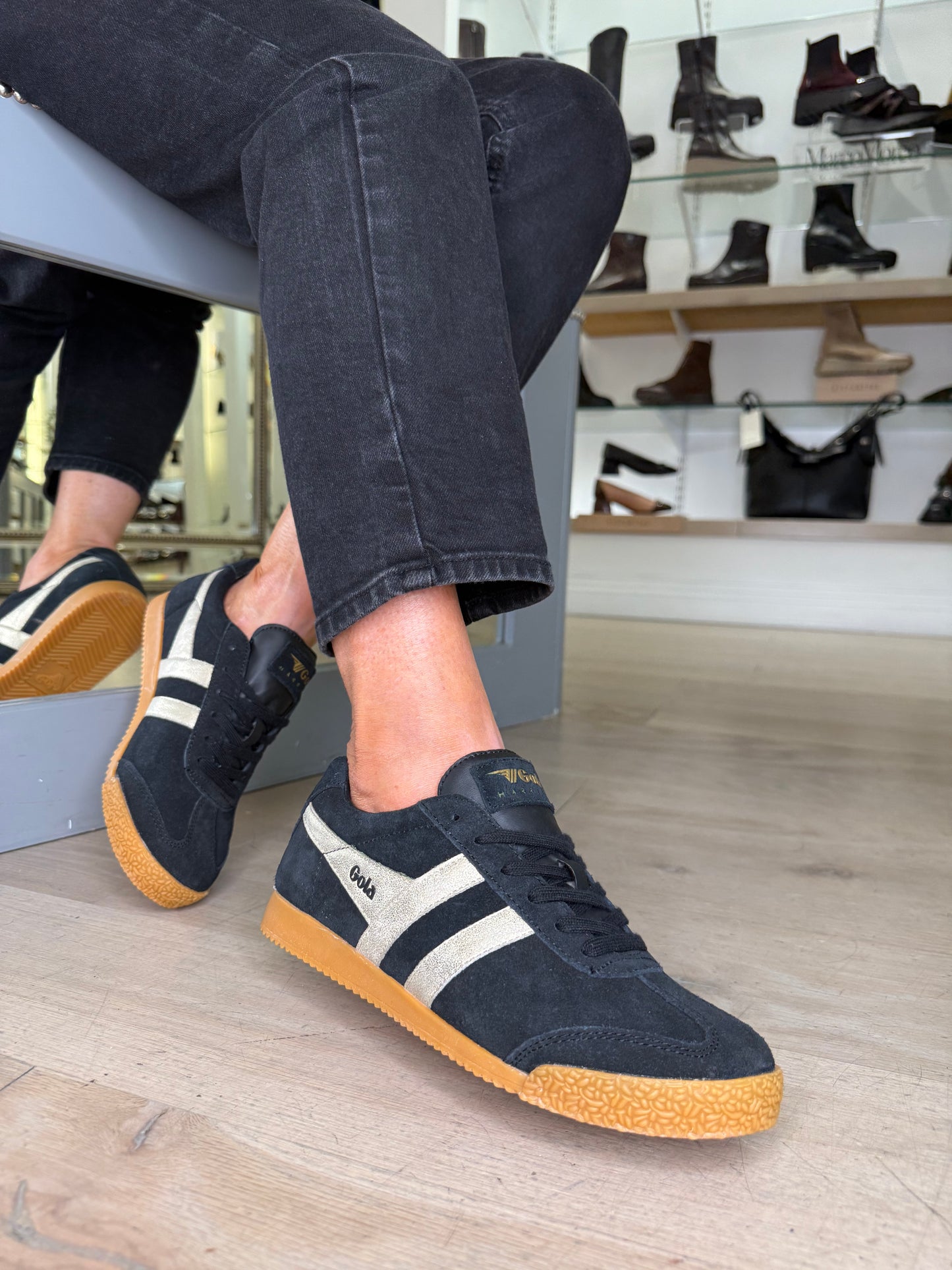 Gola -Harrier Mirror Black Suede Trainer With Gold Metallic Trim