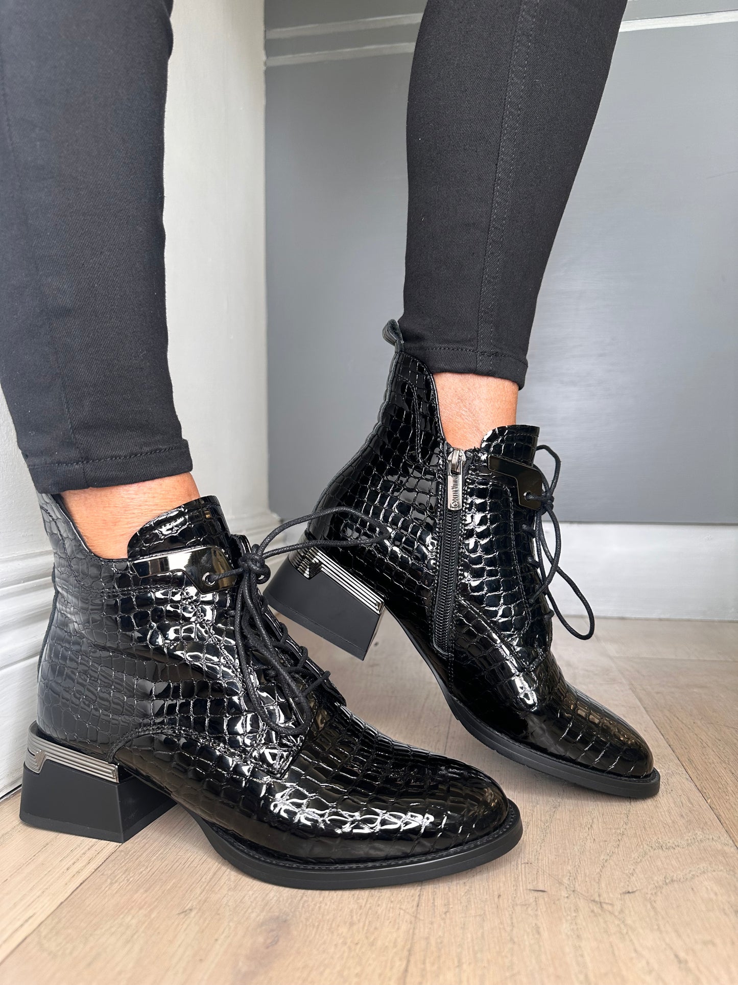 Loretta Vitale - Black Mock Croc Flexy Patent Leather Boot