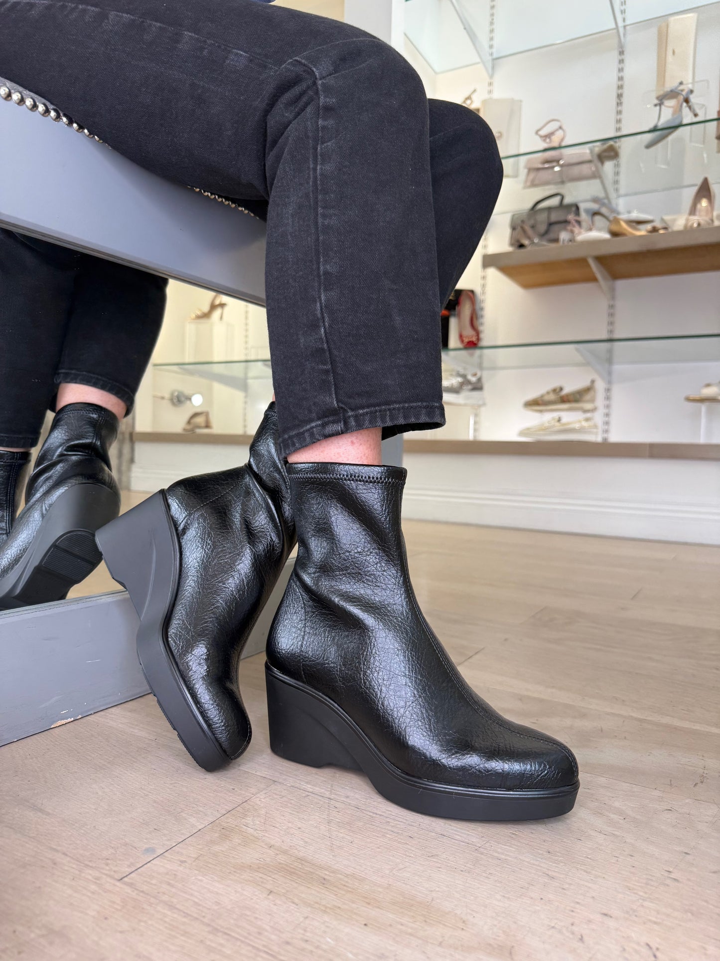 Miss Elastic - Black Leather Stretch Sock Wedge Boot