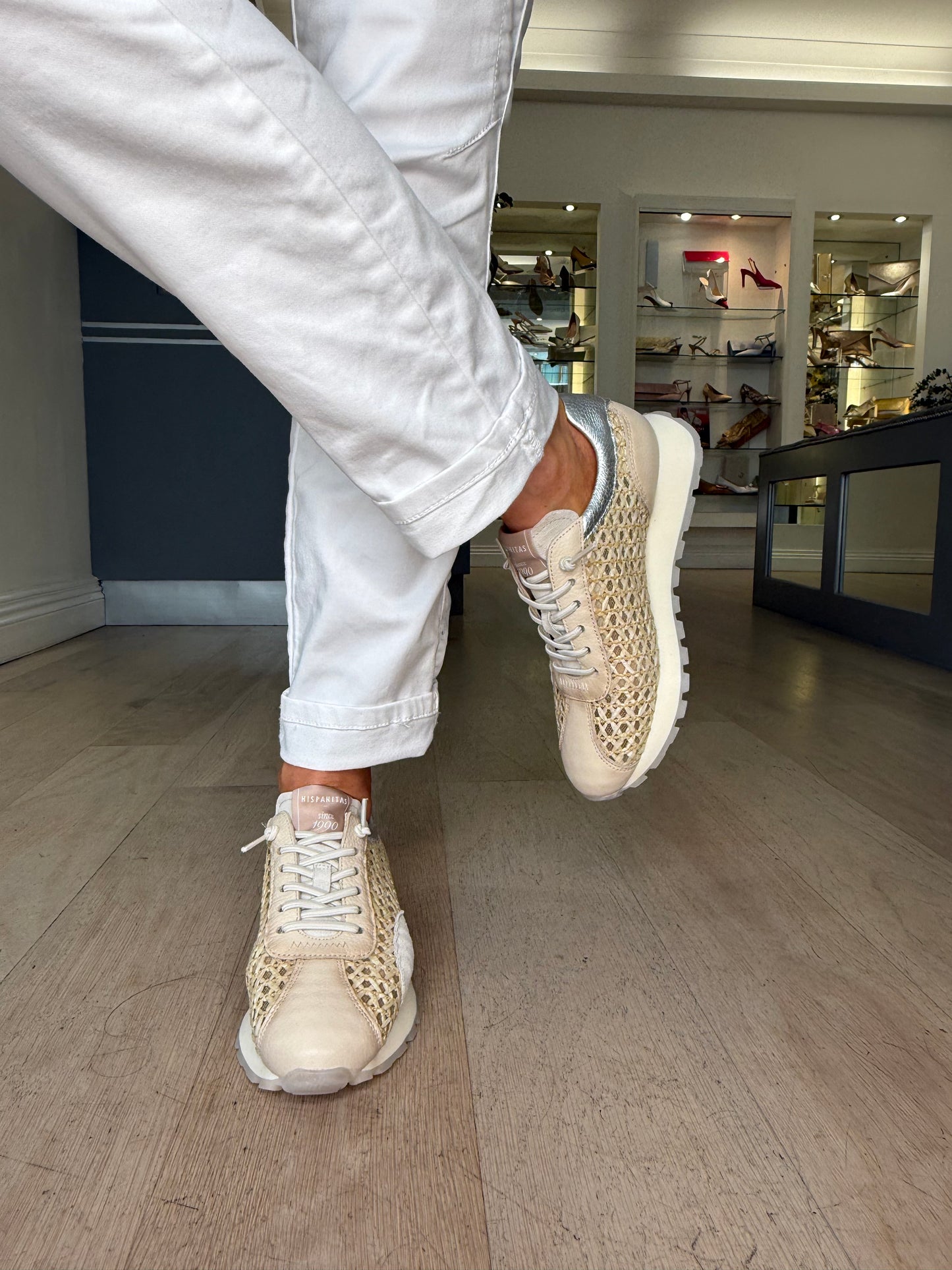 Hispanitas - Cream Weave/ Leather Mix Pull On Trainer With Silver Trim