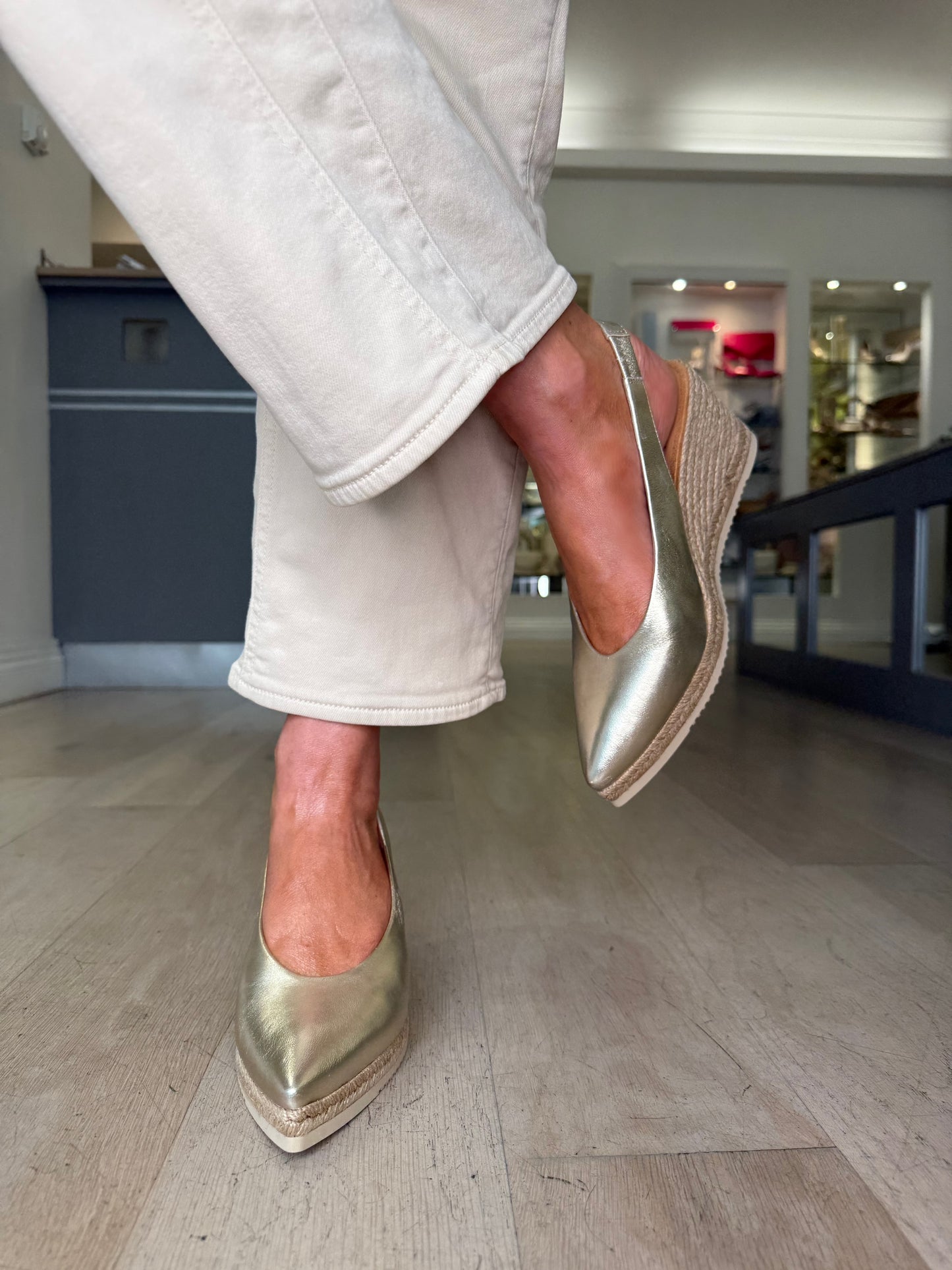 Unisa- Soft Gold Leather Pointy Toe Sling Back Espadrille Wedge