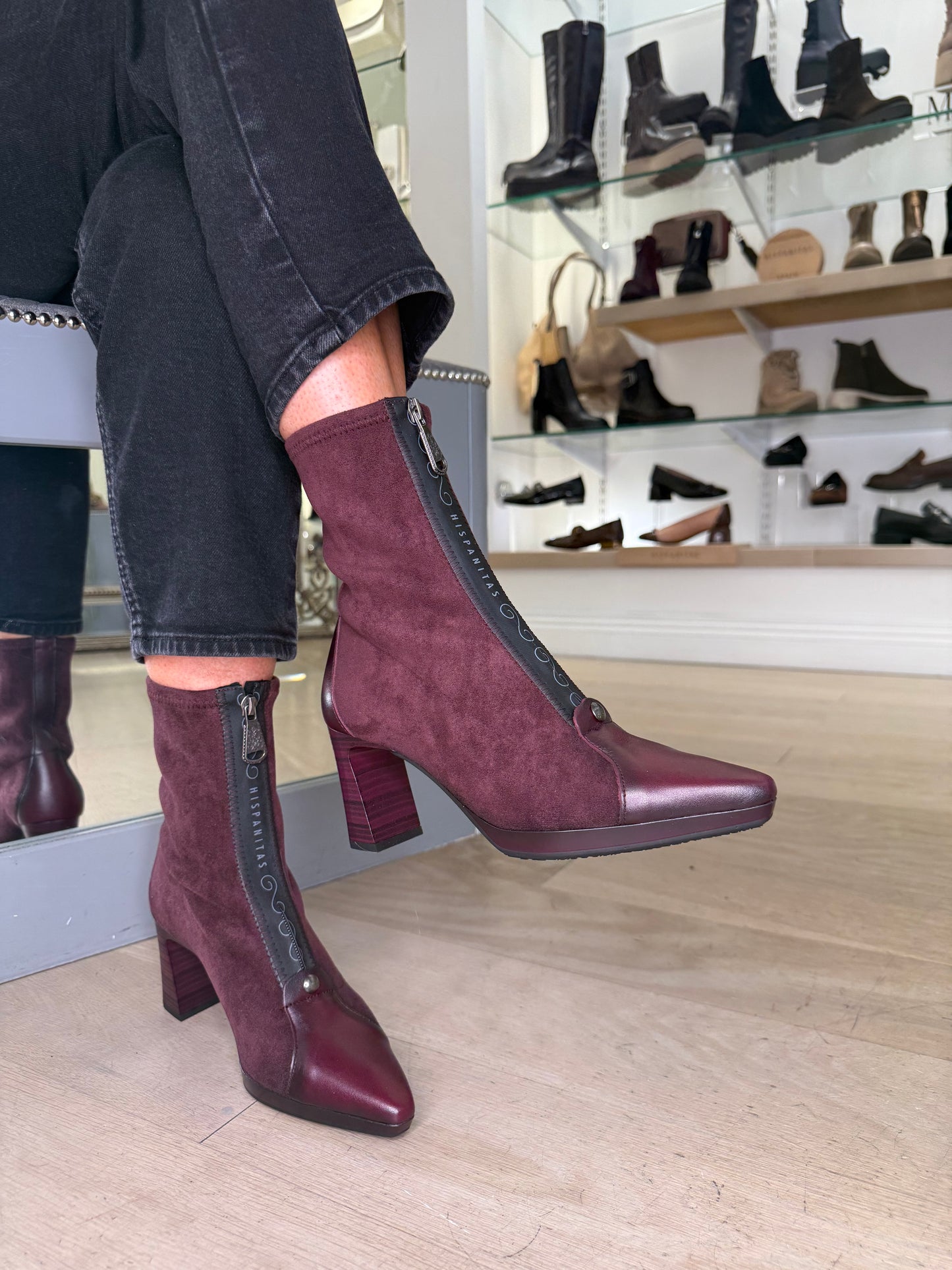 Hispanitas - Wine Suede & Leather Mix Front Zip Sock Boot