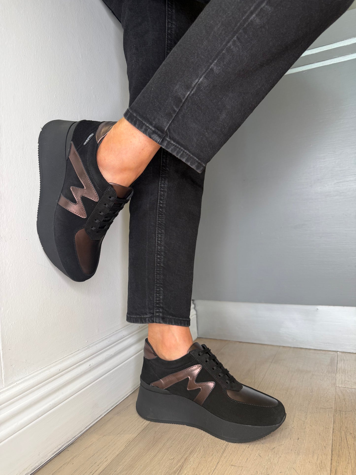 Marco Moreo - Black Suede & Soft Bronze Lace Up Wedge Trainer