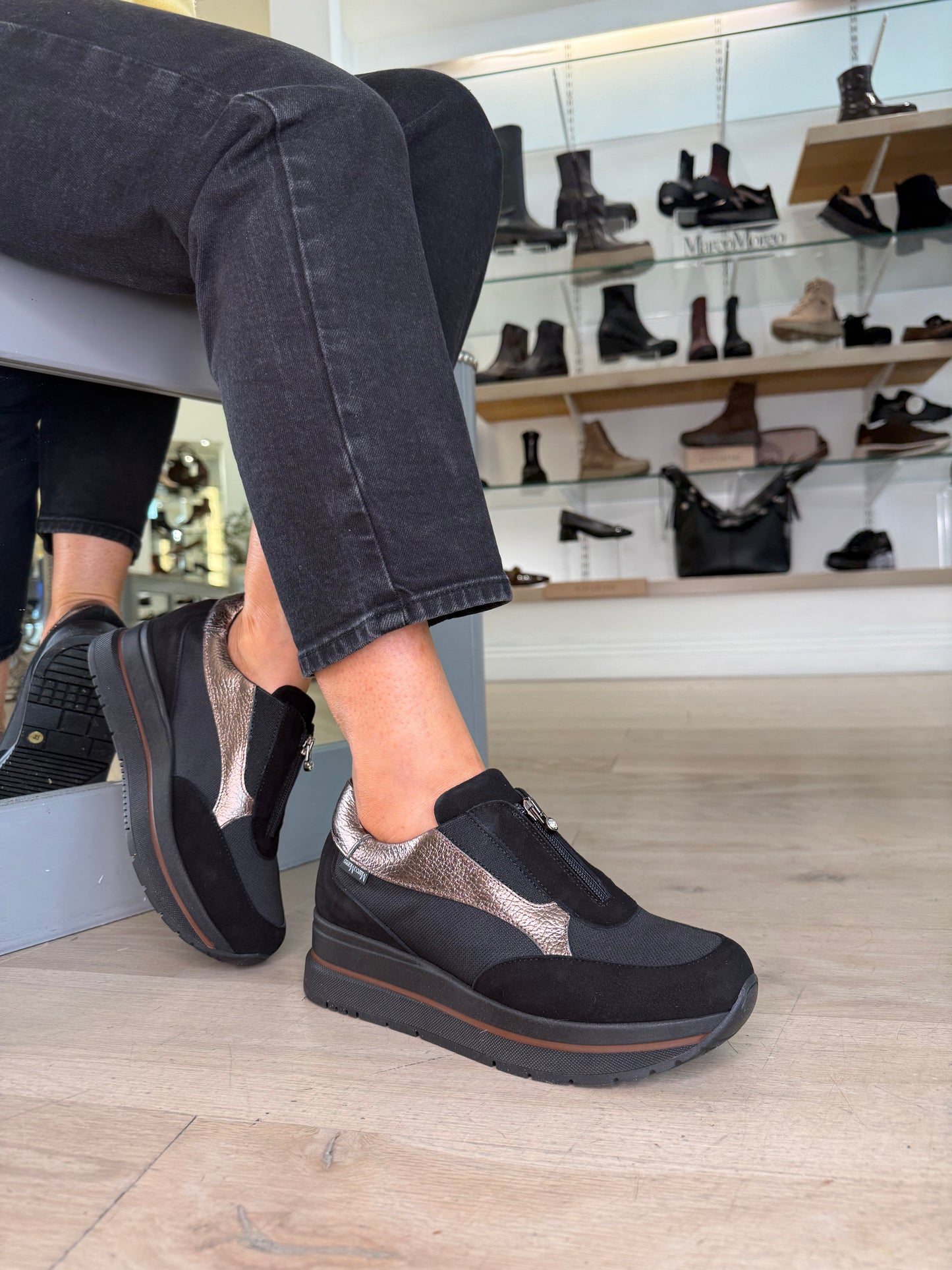 Marco Moreo - Gilda Black Suede & Fabric Mix Zip Up Shoe With Bronze Metallic Trim