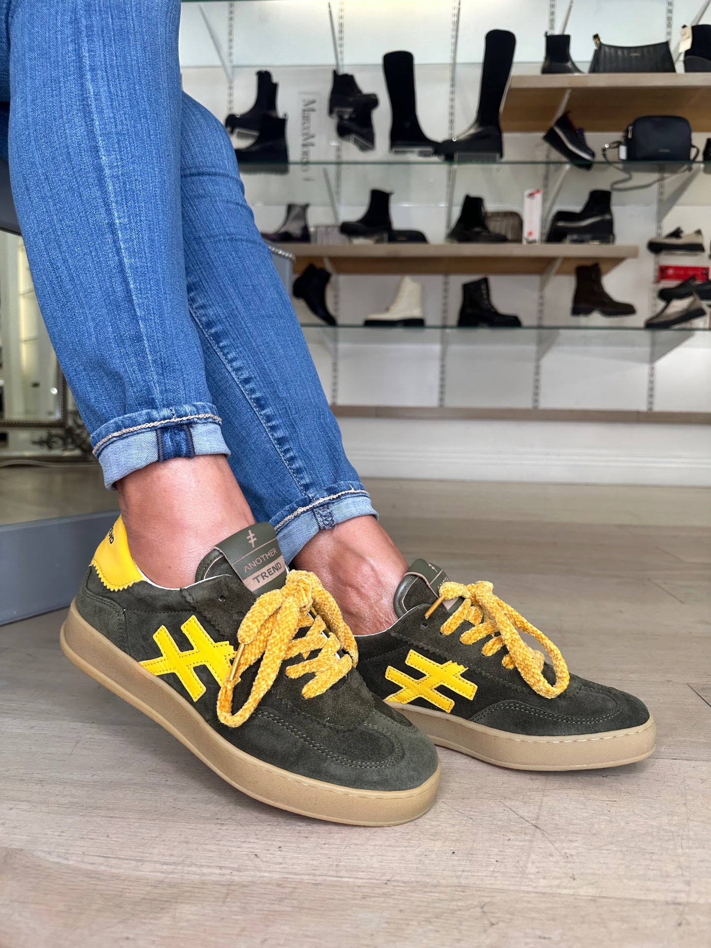 Another Trend (Alpe) - Khaki Green Suede/ Yellow Trim Trainer