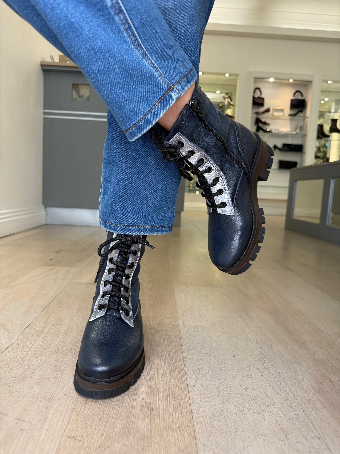 Jose Saenz -Dark Navy Leather Chunky Sole Lace Up Boot With Metallic Silver Trim