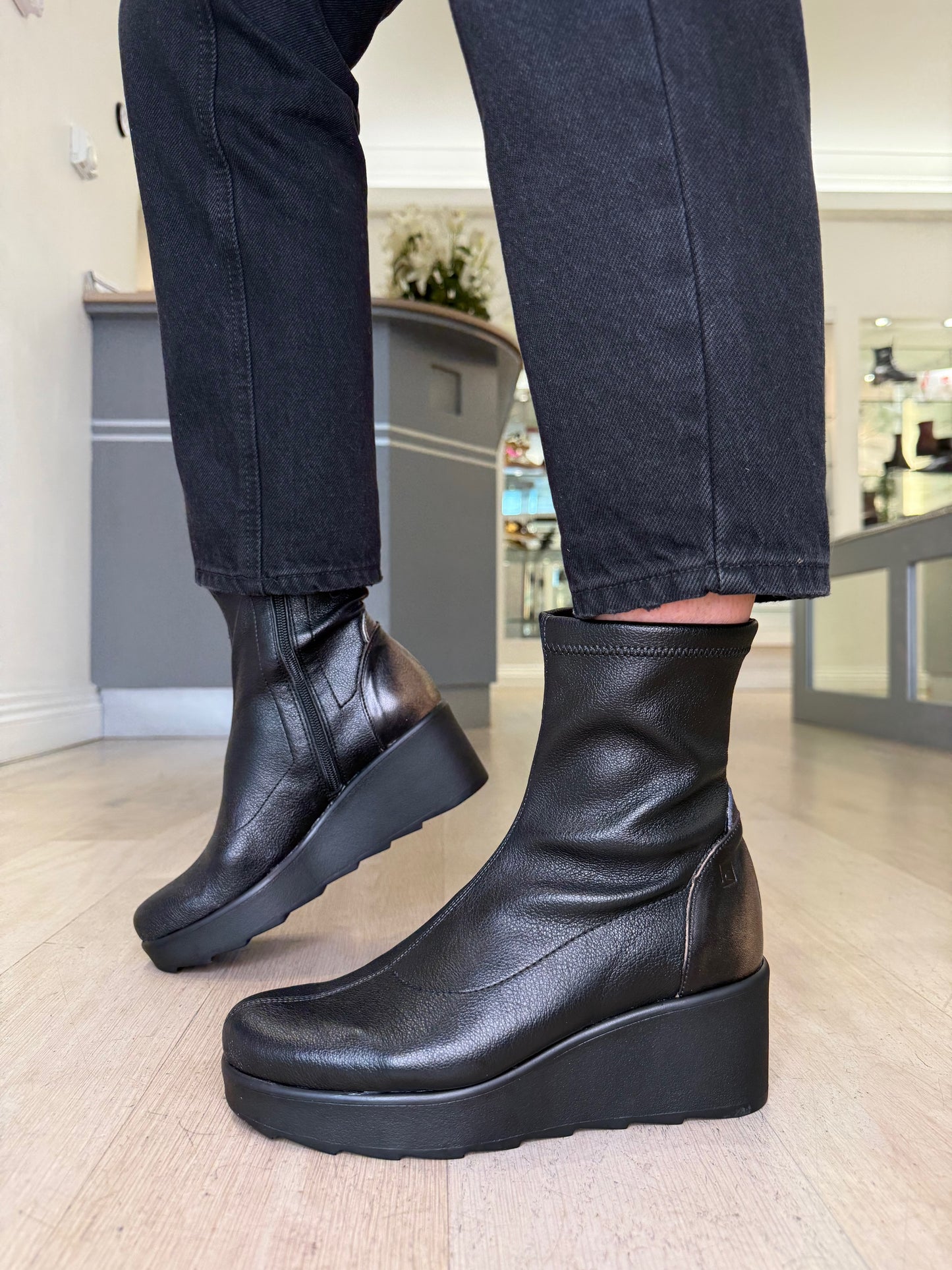 Jose Saenz -Black Stretch Leather Wedge Boot With Soft Bronze & Camel Trim