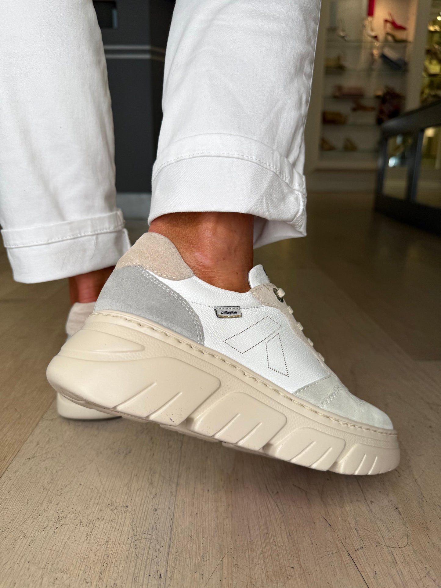 Callaghan - Beige & Pale Green/Grey Suede With White Leather Mix Trainer