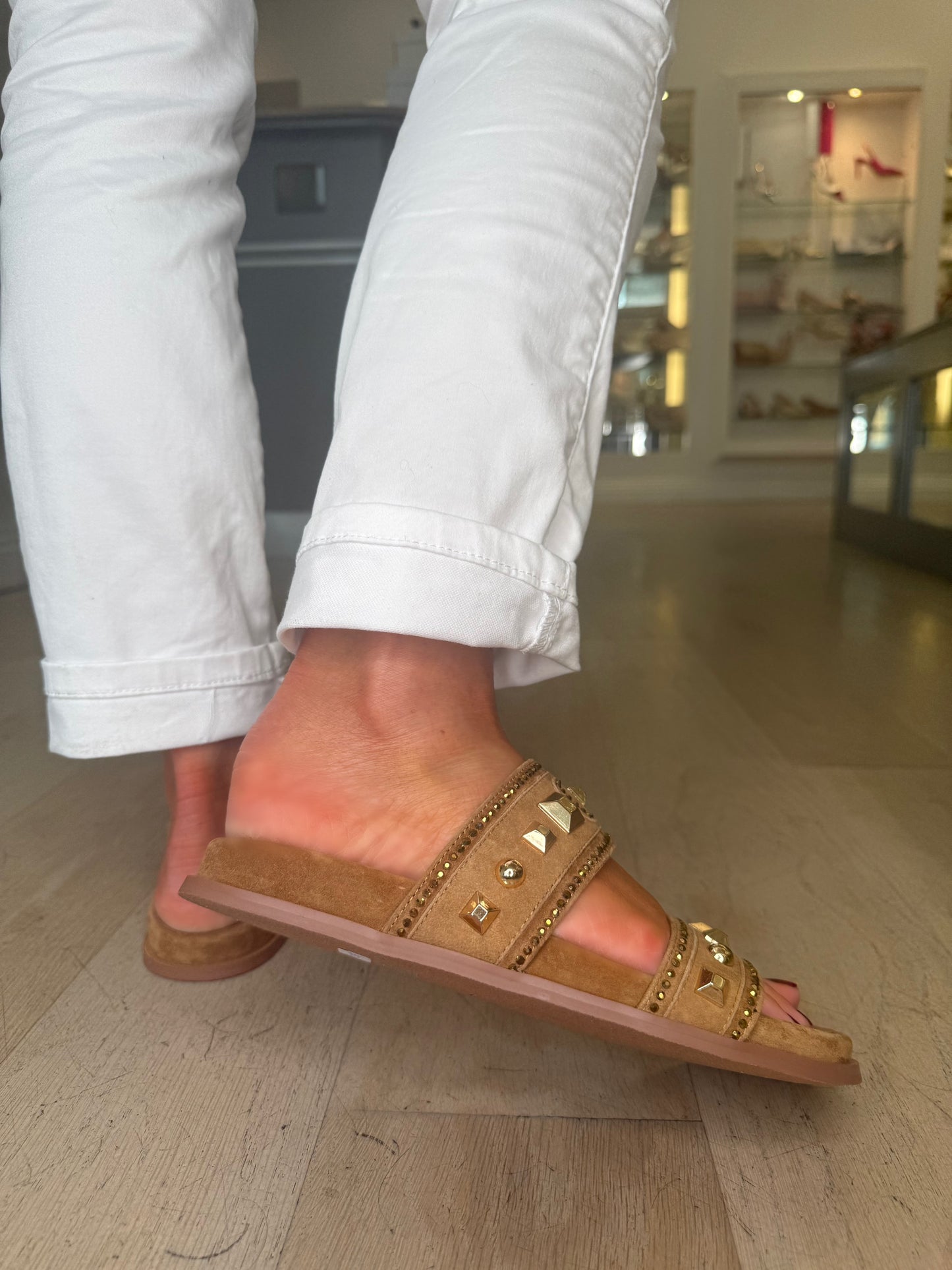Lodi - Camel Suede 2 Strap Slider With Gold Stud Trim
